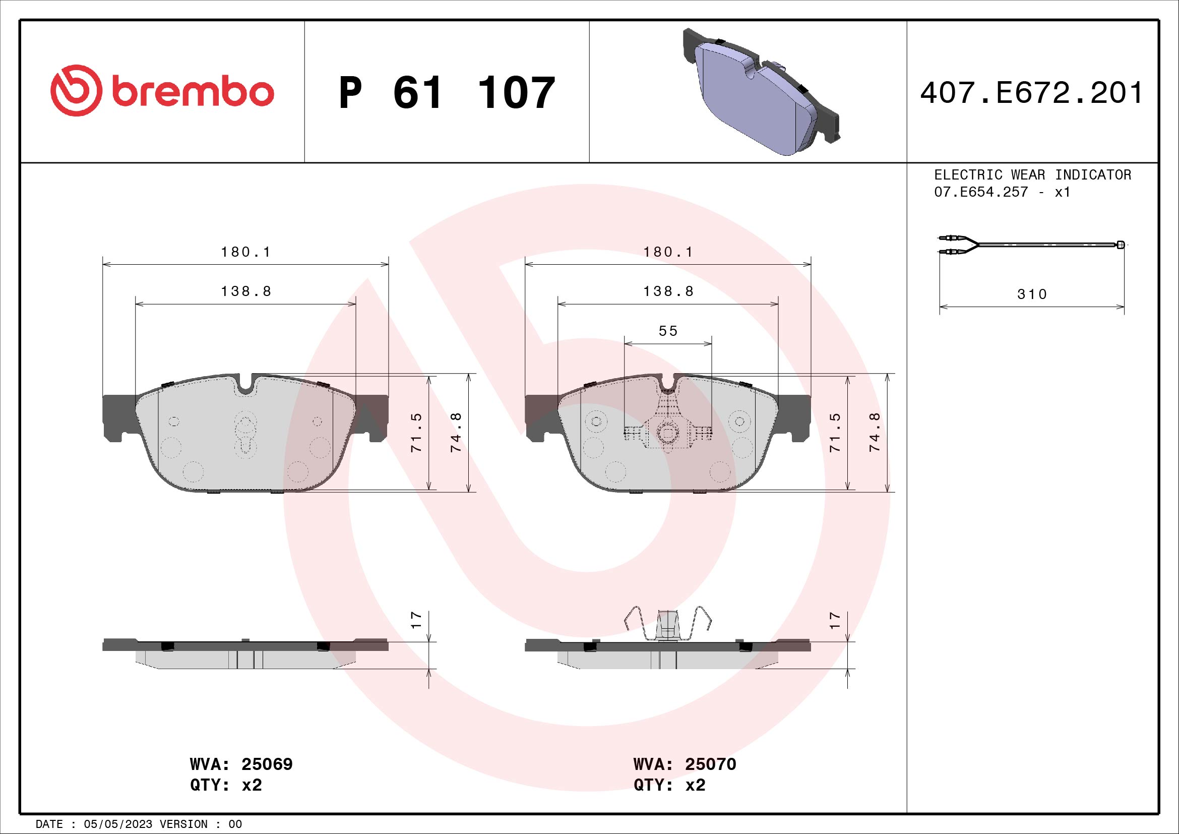 Jogo de 4 pastilhas de travão BREMBO ref. P 61 107