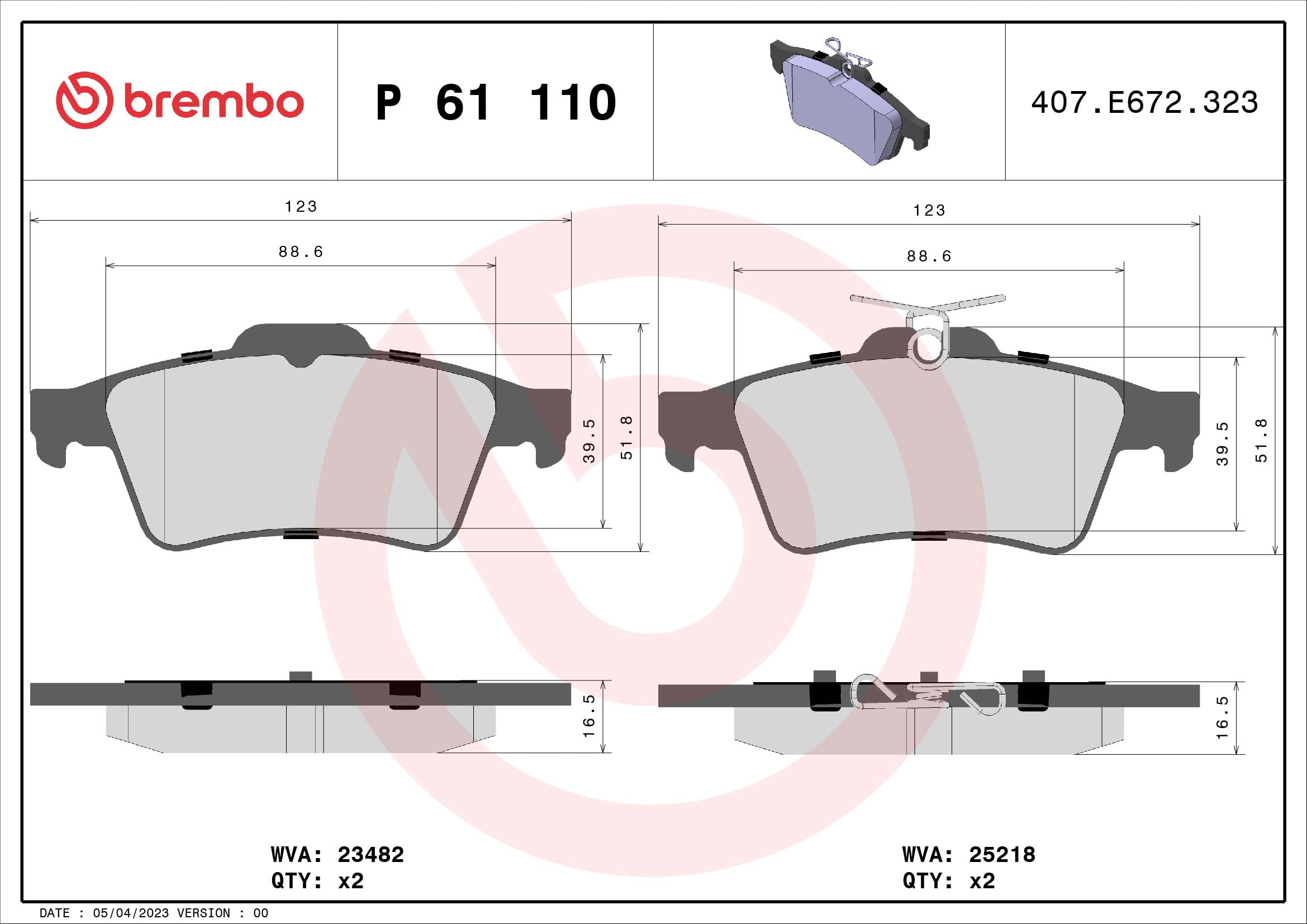 Jeu de 4 plaquettes de frein BREMBO ref. P 61 110