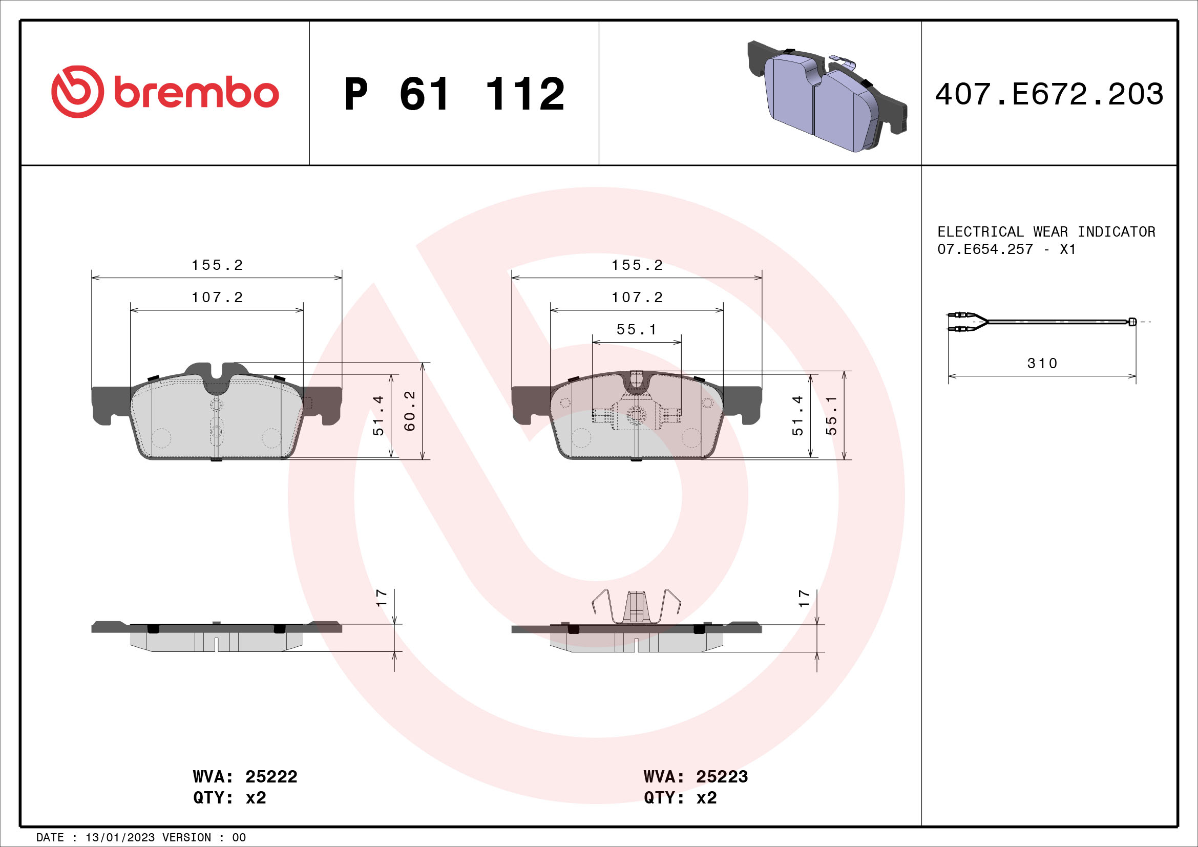Jogo de 4 pastilhas de travão BREMBO ref. P 61 112