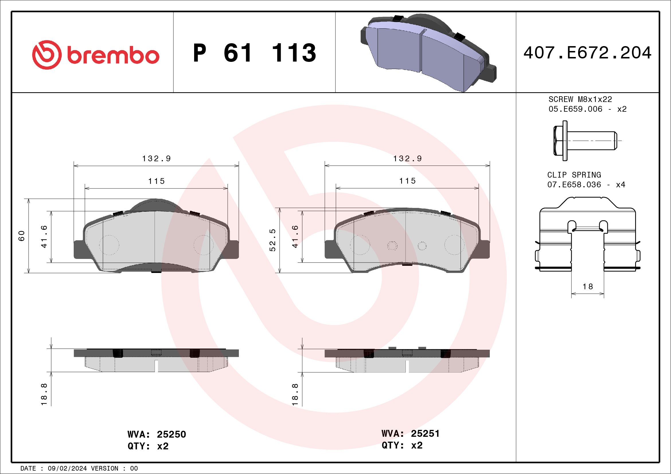 Jeu de 4 plaquettes de frein BREMBO ref. P 61 113