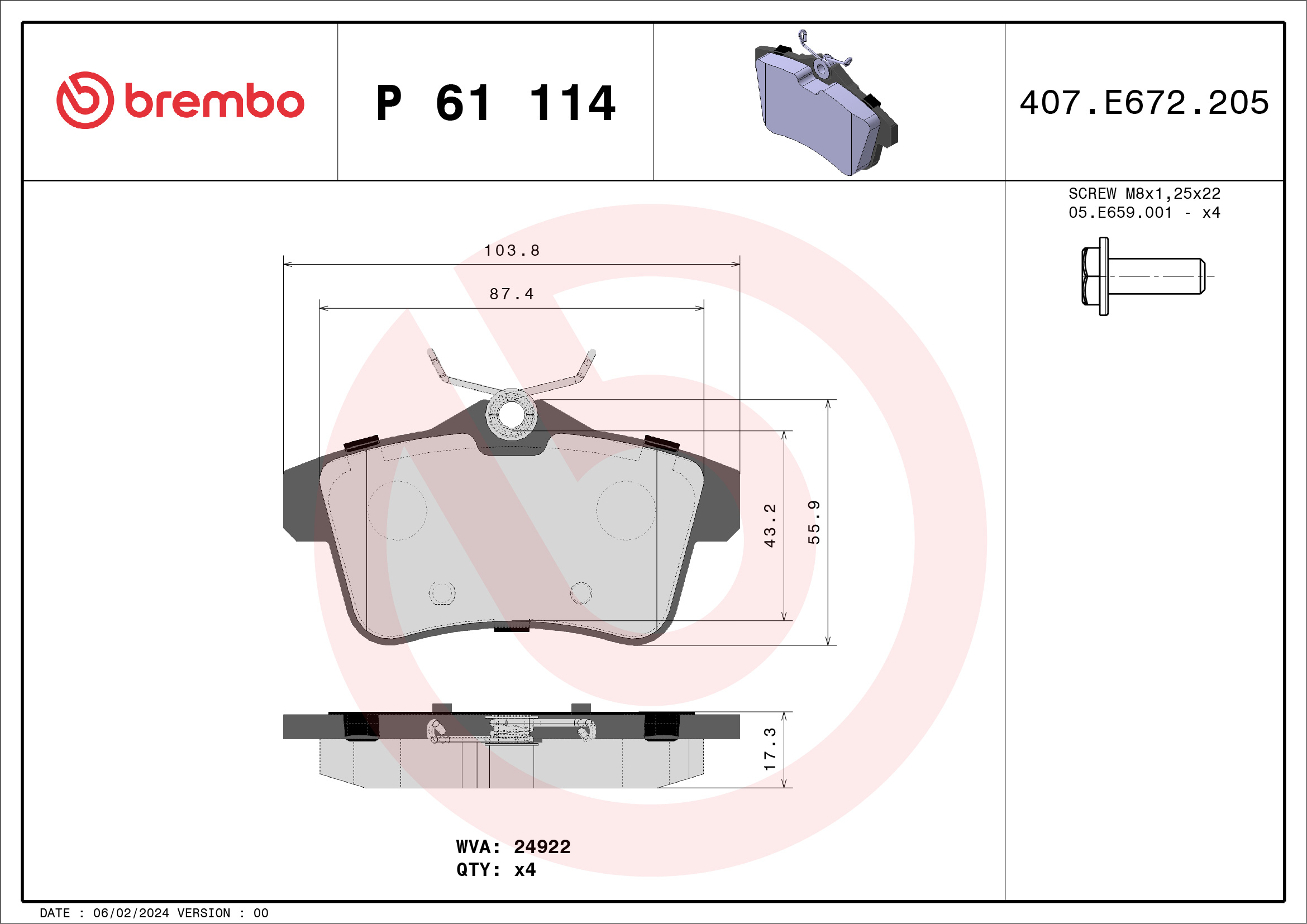 Jogo de 4 pastilhas de travão BREMBO ref. P 61 114
