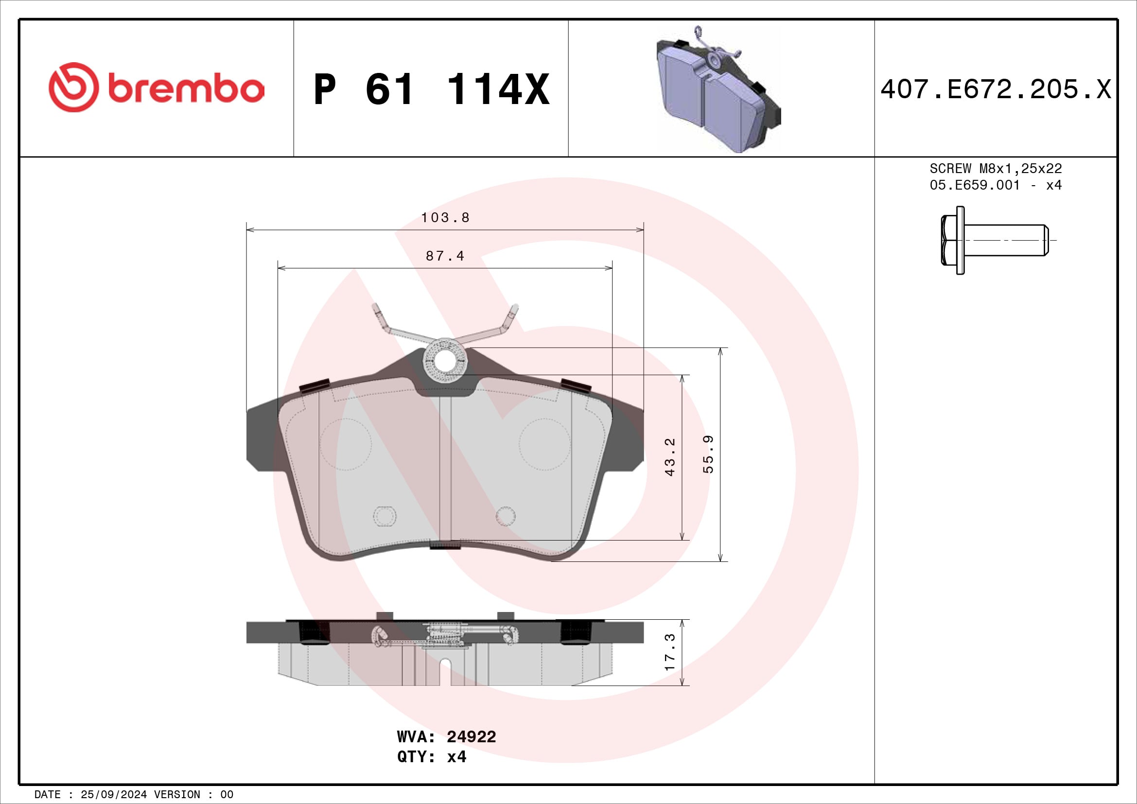 Jogo de 4 pastilhas de travão BREMBO ref. P 61 114X
