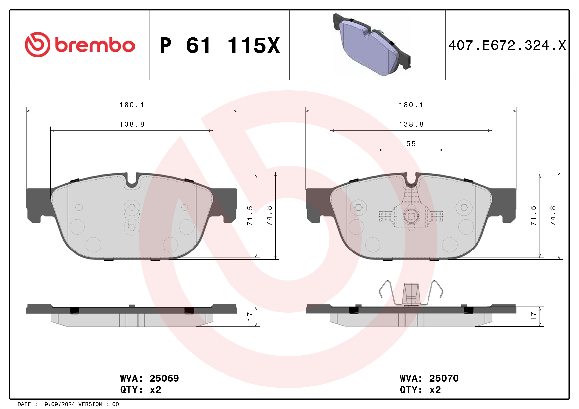 Jeu de 4 plaquettes de frein BREMBO ref. P 61 115X