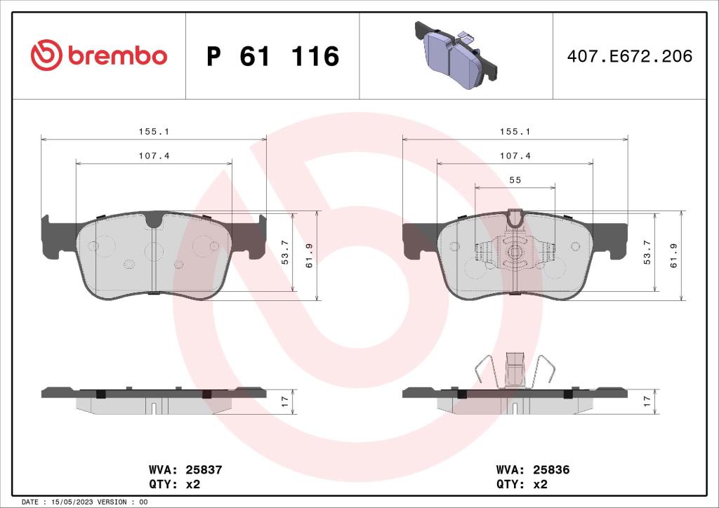 Jogo de 4 pastilhas de travão BREMBO ref. P 61 116