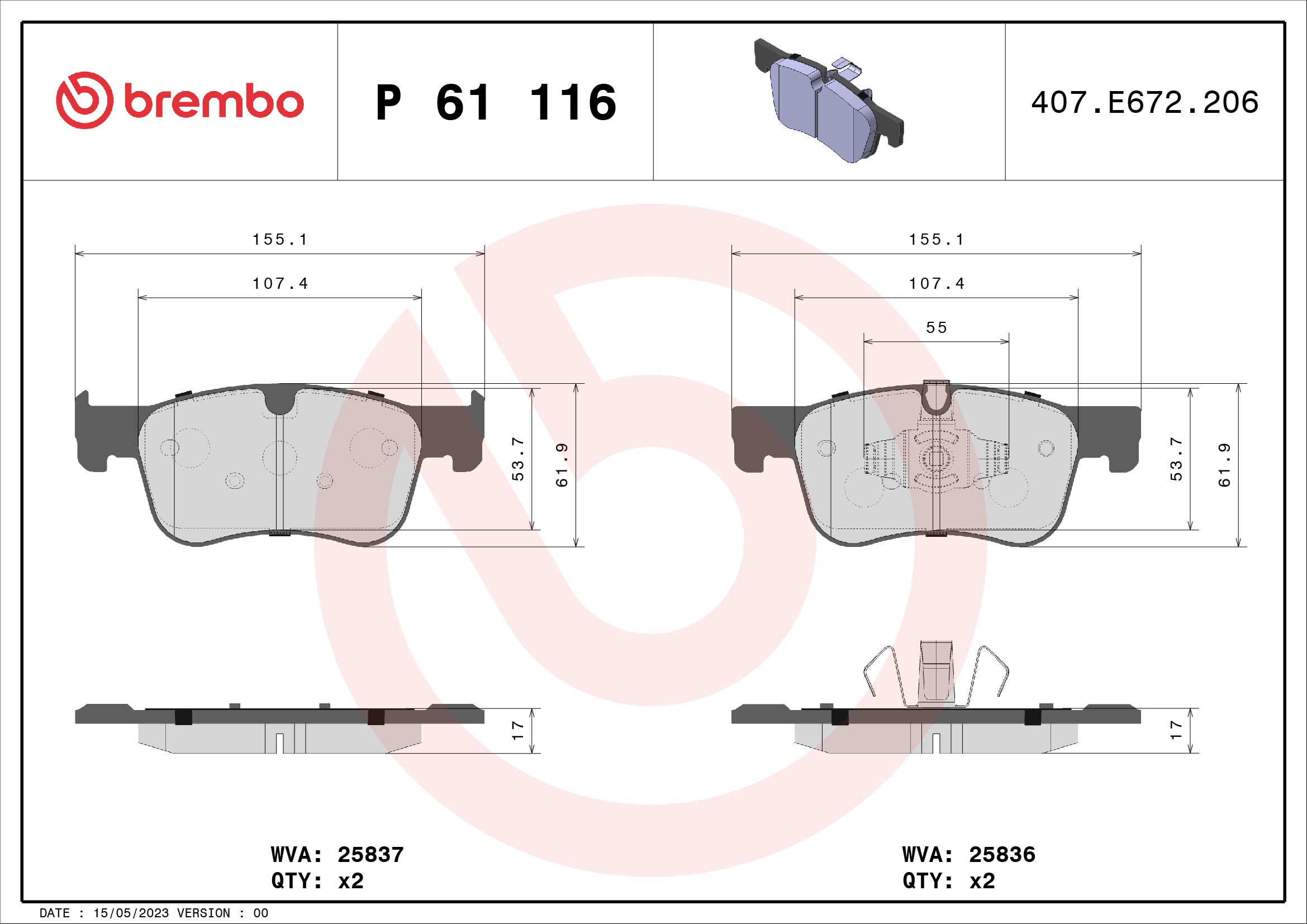 Jogo de 4 pastilhas de travão BREMBO ref. P 61 116