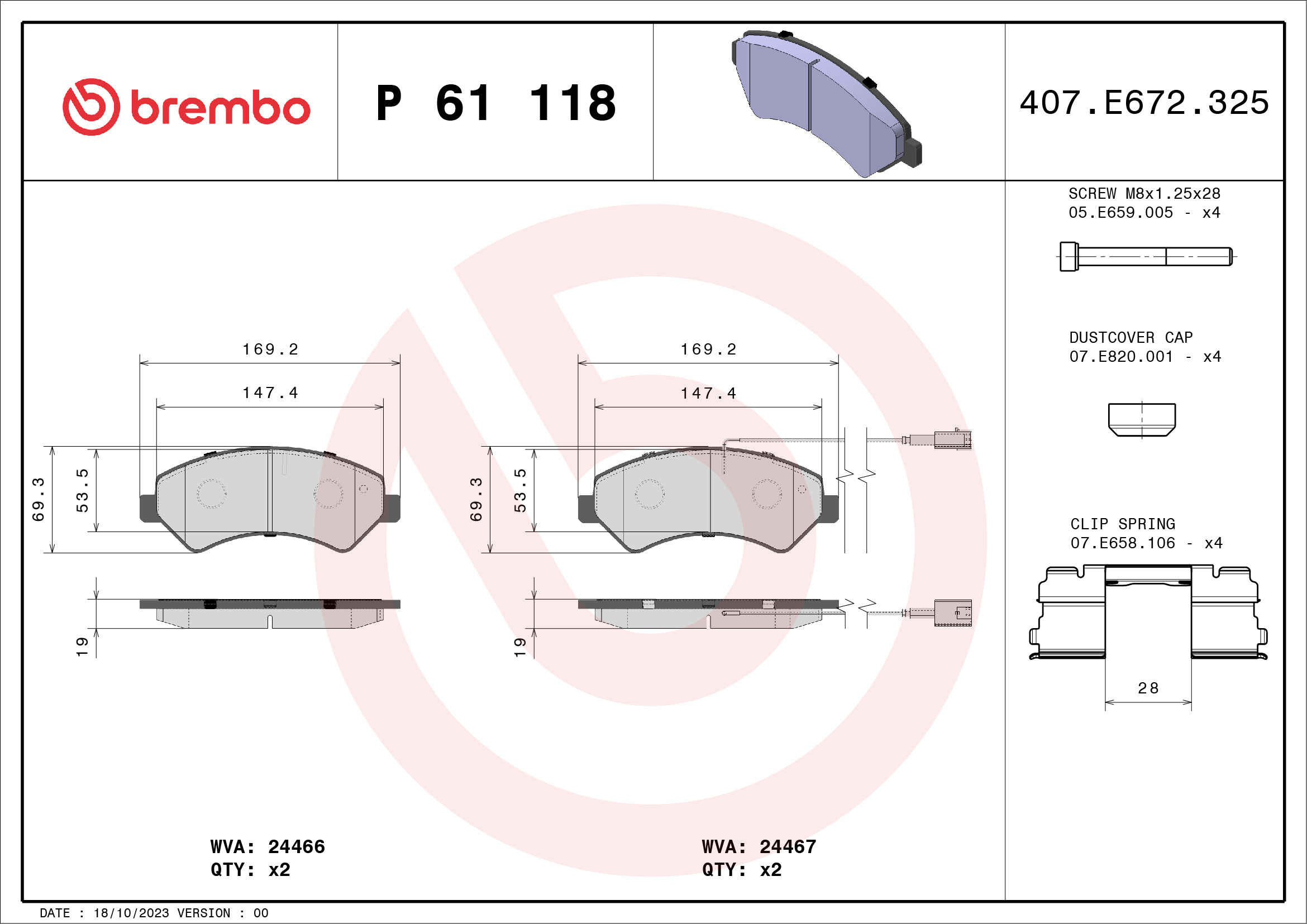 Jeu de 4 plaquettes de frein BREMBO ref. P 61 118