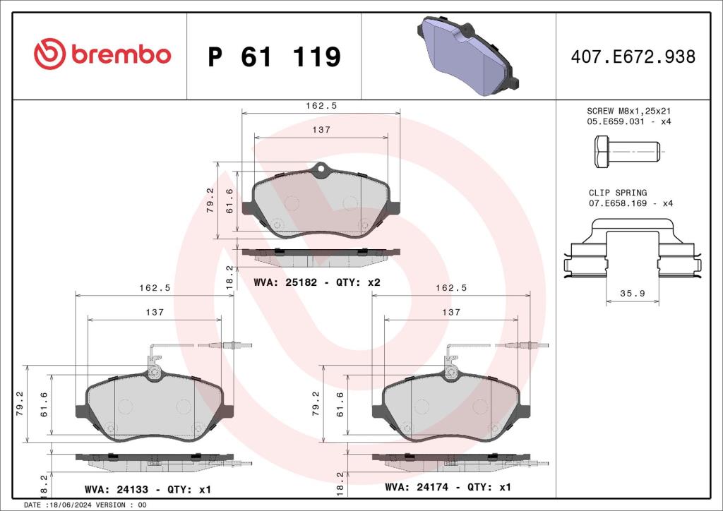 Jeu de 4 plaquettes de frein BREMBO P 61 119