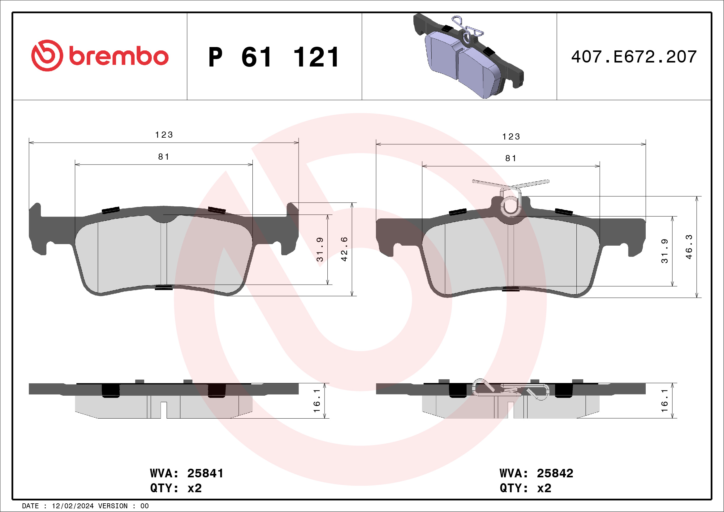 Jogo de 4 pastilhas de travão BREMBO ref. P 61 121