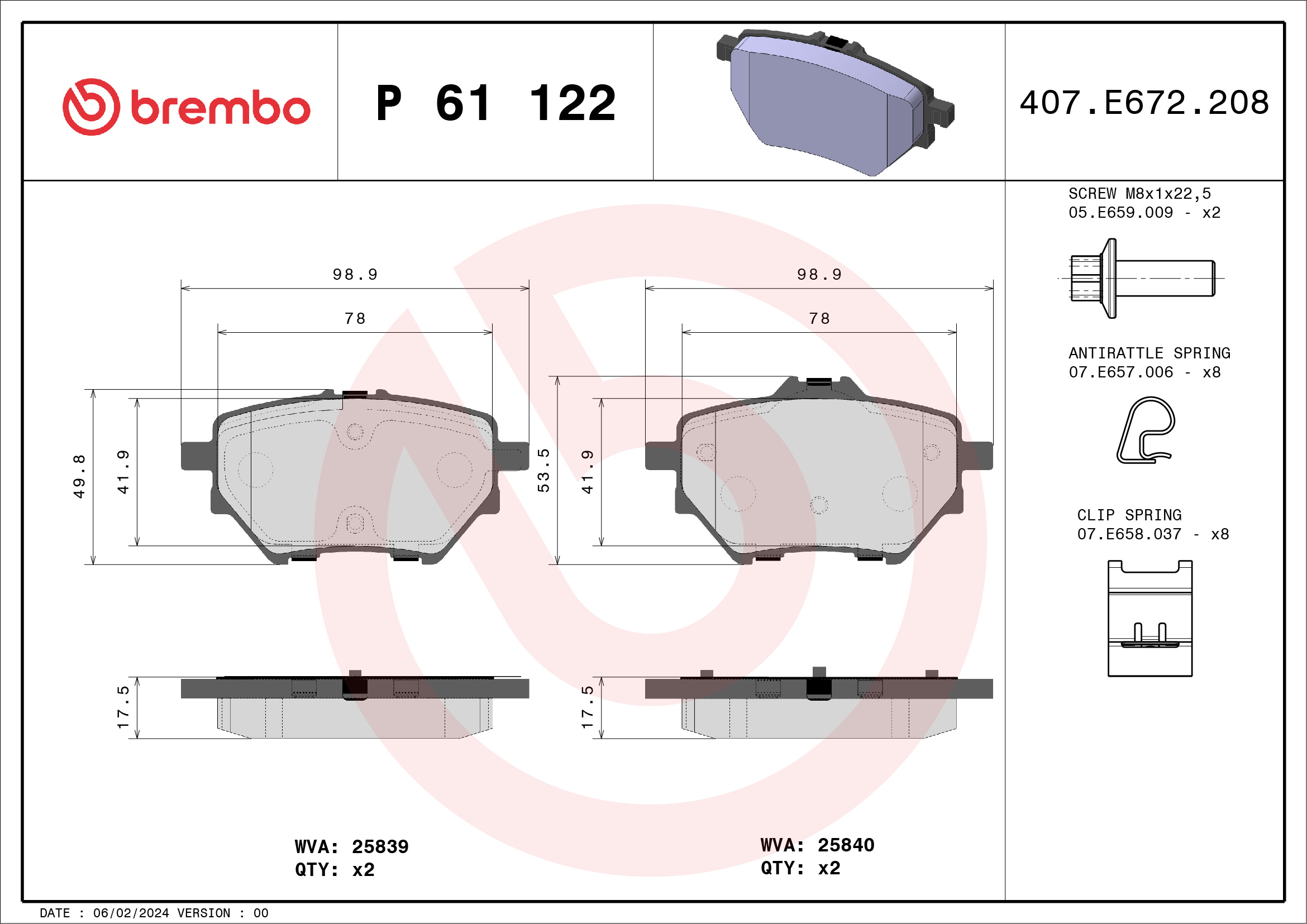 Jeu de 4 plaquettes de frein BREMBO ref. P 61 122