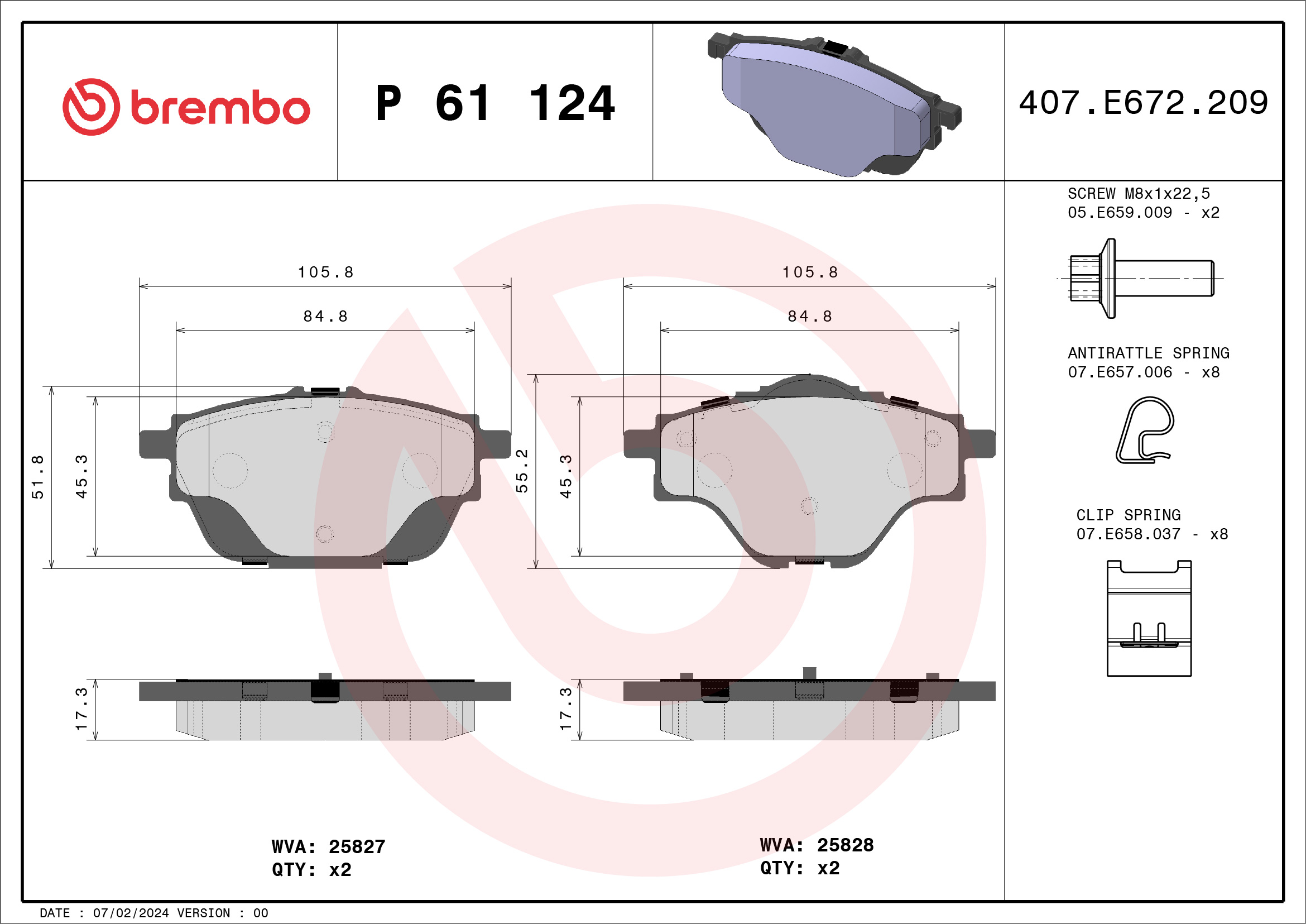 Jogo de 4 pastilhas de travão BREMBO ref. P 61 124