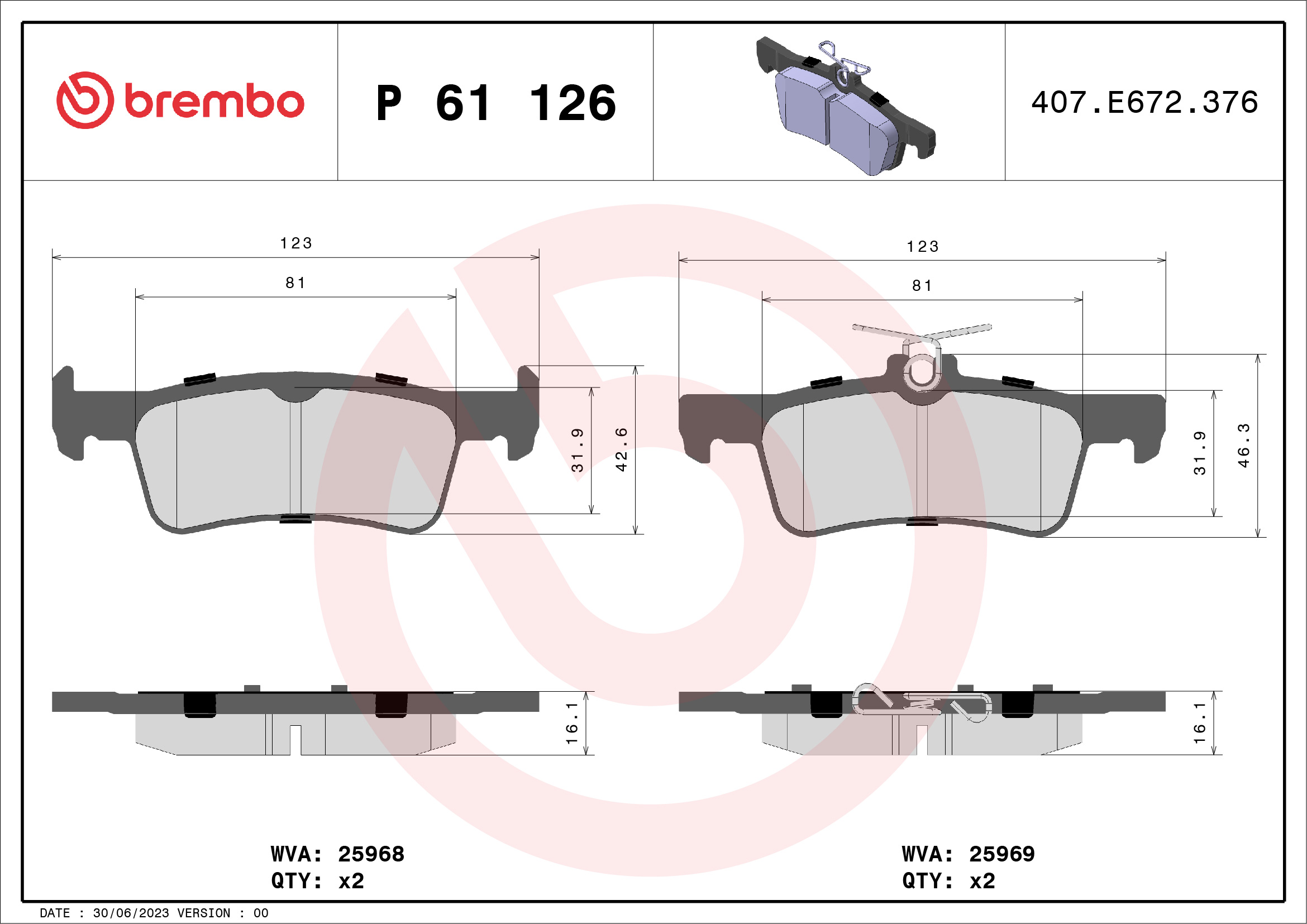 Jeu de 4 plaquettes de frein BREMBO ref. P 61 126