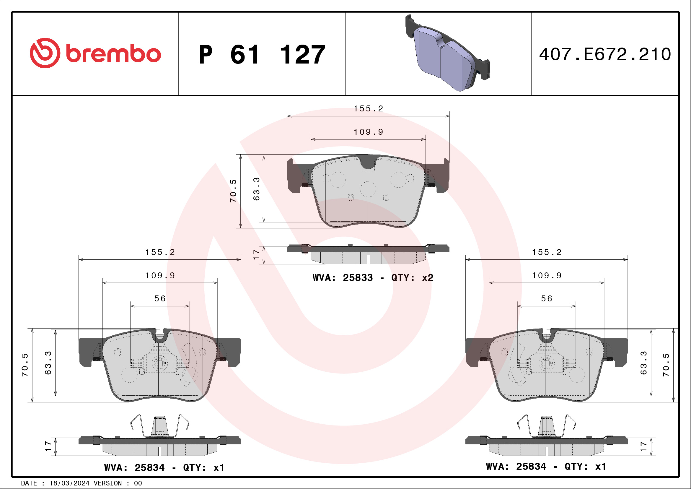 Jeu de 4 plaquettes de frein BREMBO ref. P 61 127
