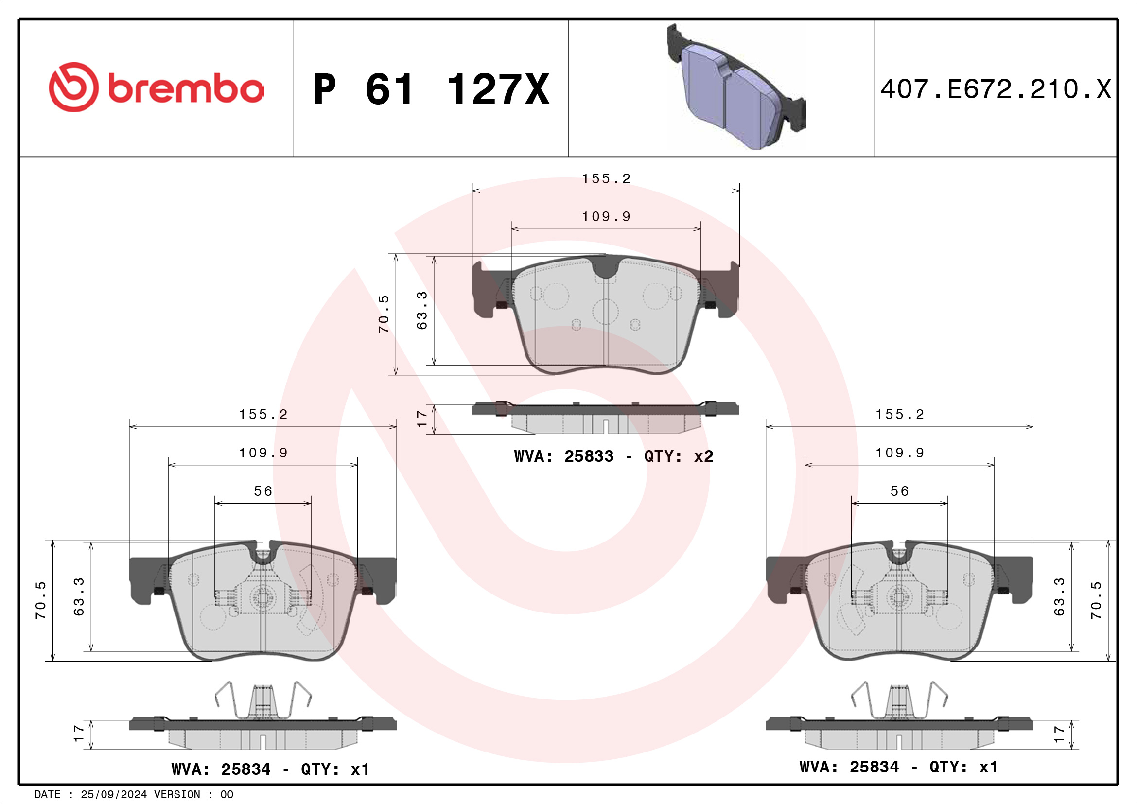 Jogo de 4 pastilhas de travão BREMBO ref. P 61 127X