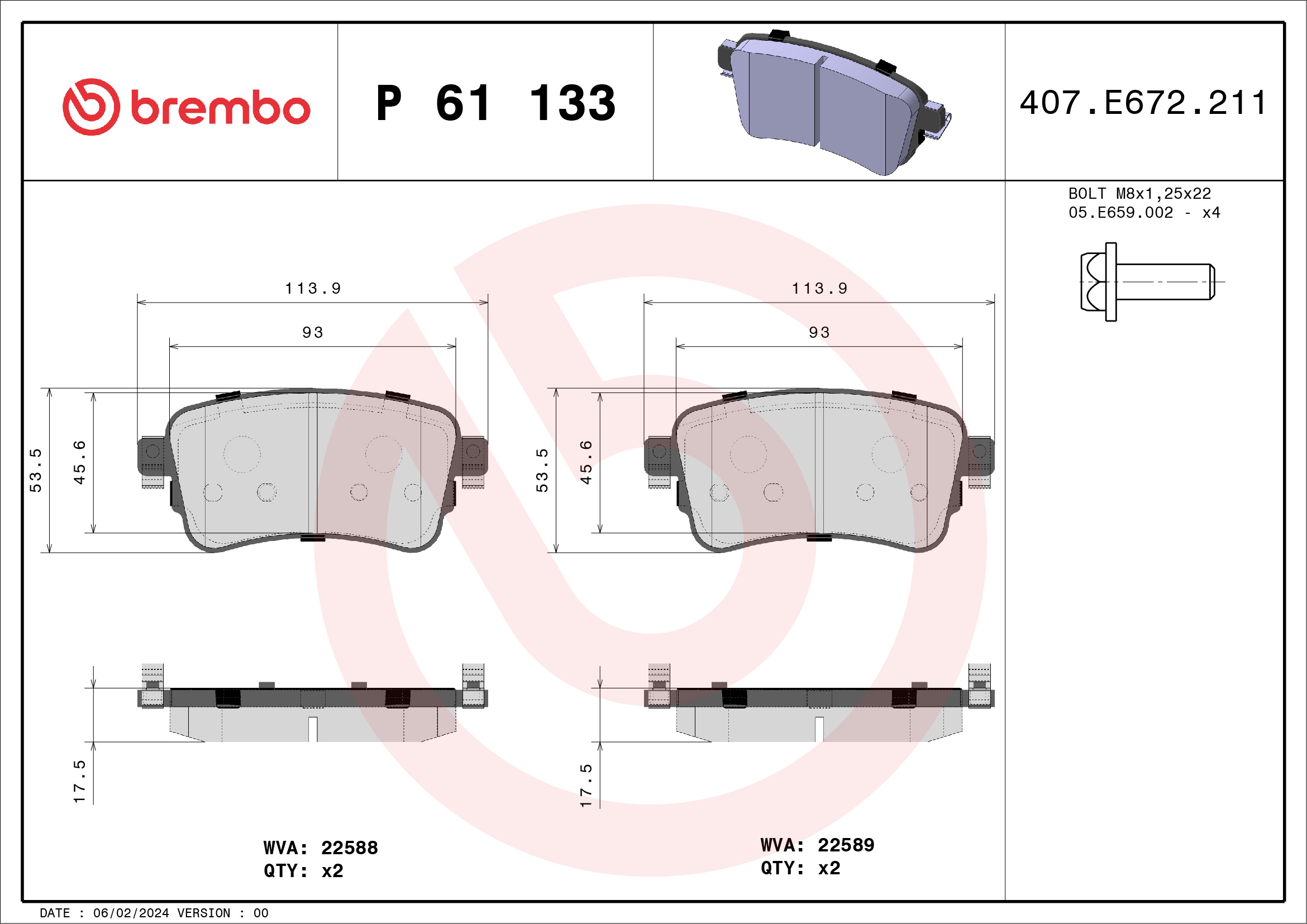 Jeu de 4 plaquettes de frein BREMBO ref. P 61 133