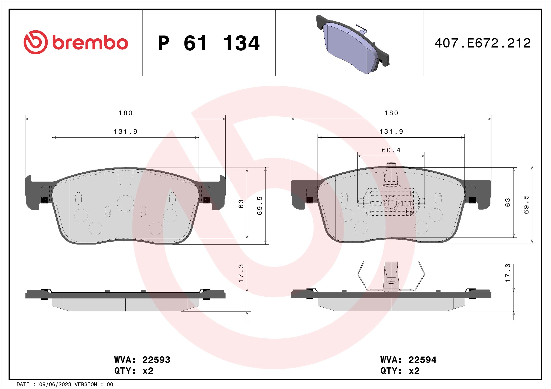 Jeu de 4 plaquettes de frein BREMBO ref. P 61 134