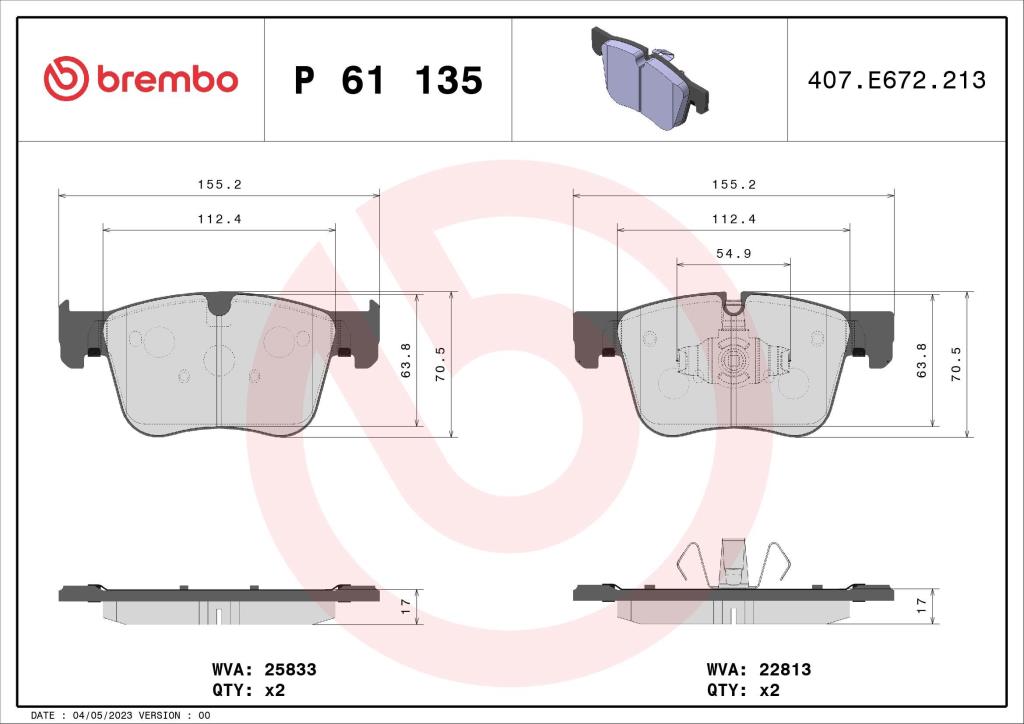 Jogo de 4 pastilhas de travão BREMBO ref. P 61 135