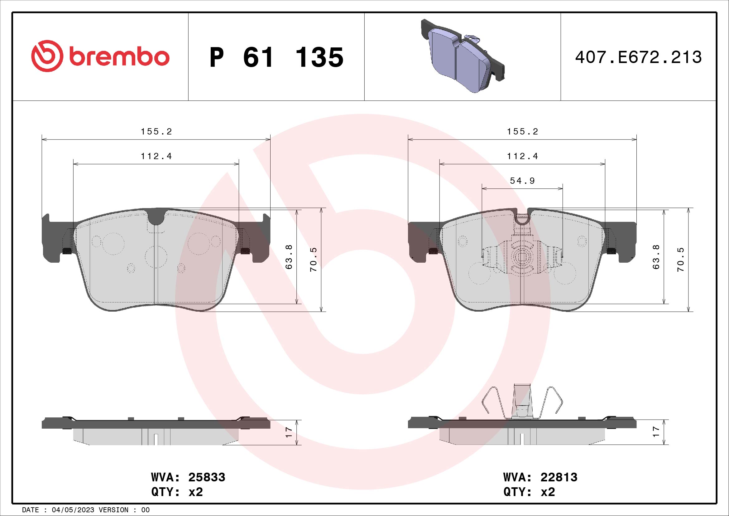 Jogo de 4 pastilhas de travão BREMBO ref. P 61 135