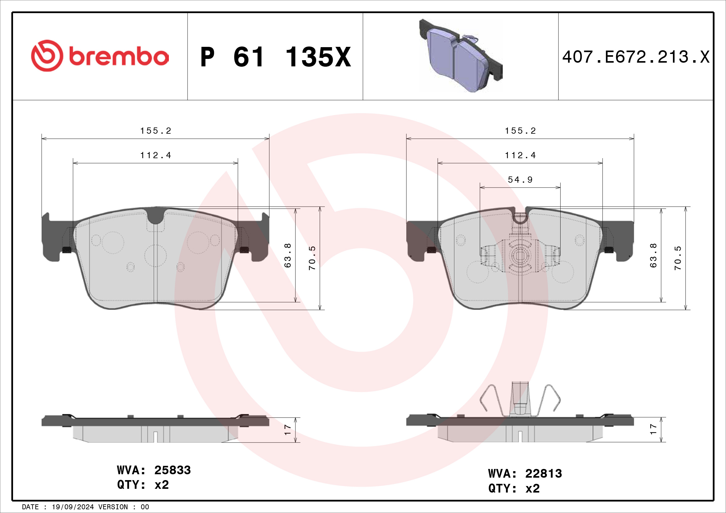 Jogo de 4 pastilhas de travão BREMBO ref. P 61 135X