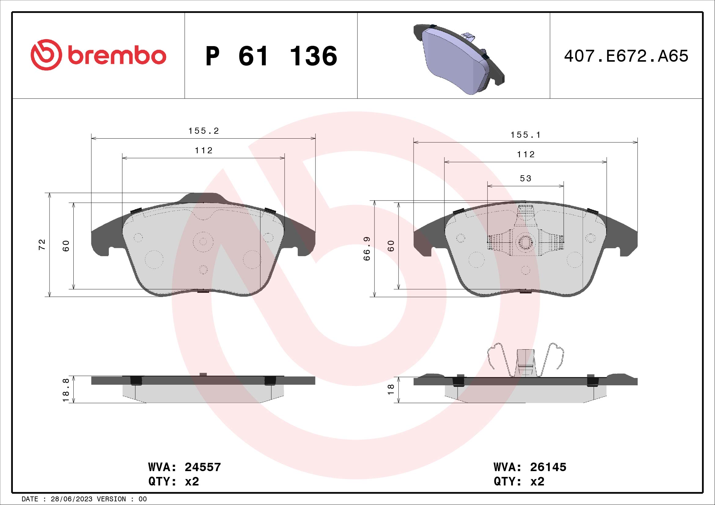 Jeu de 4 plaquettes de frein BREMBO P 61 136