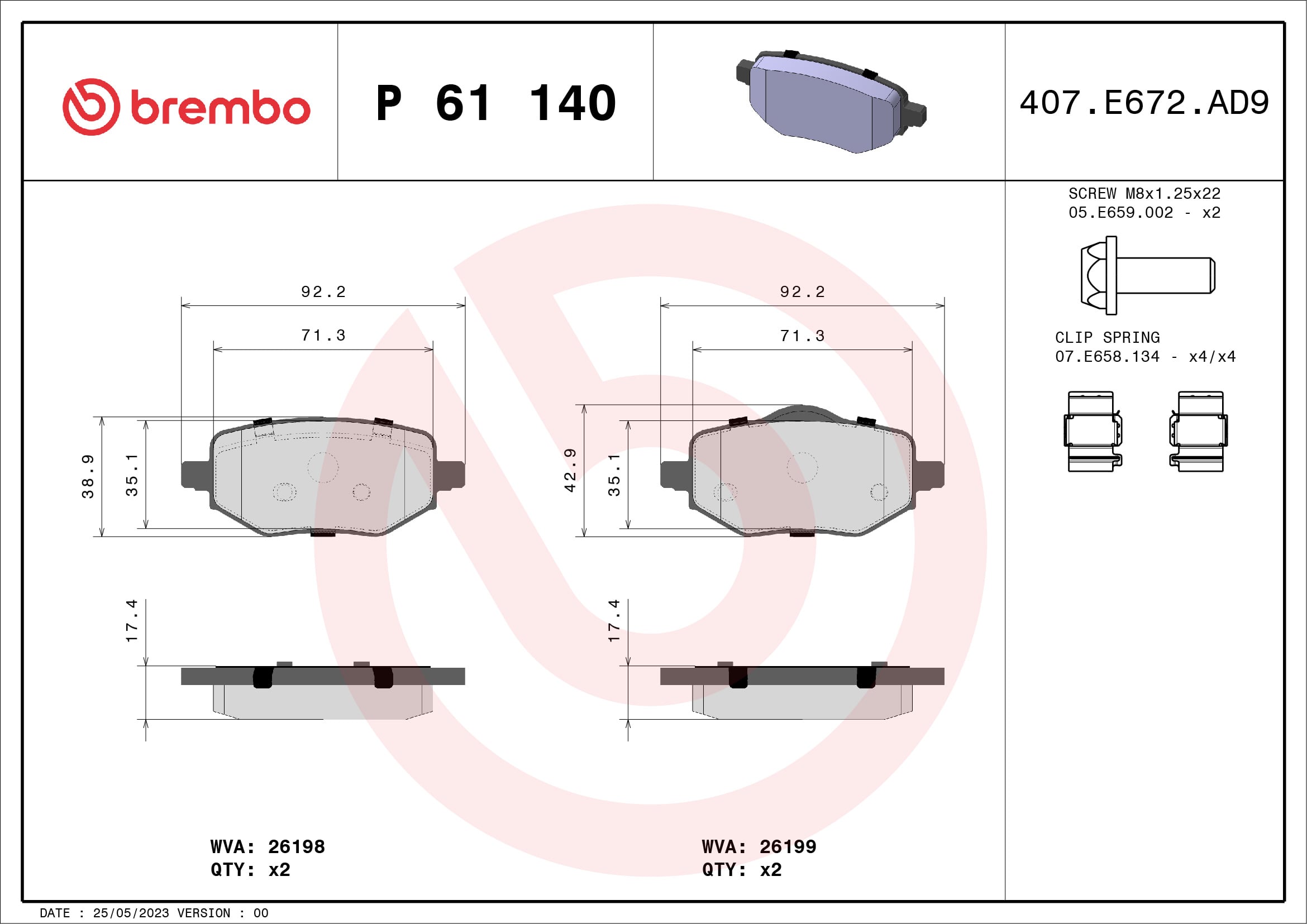 Jeu de 4 plaquettes de frein BREMBO ref. P 61 140