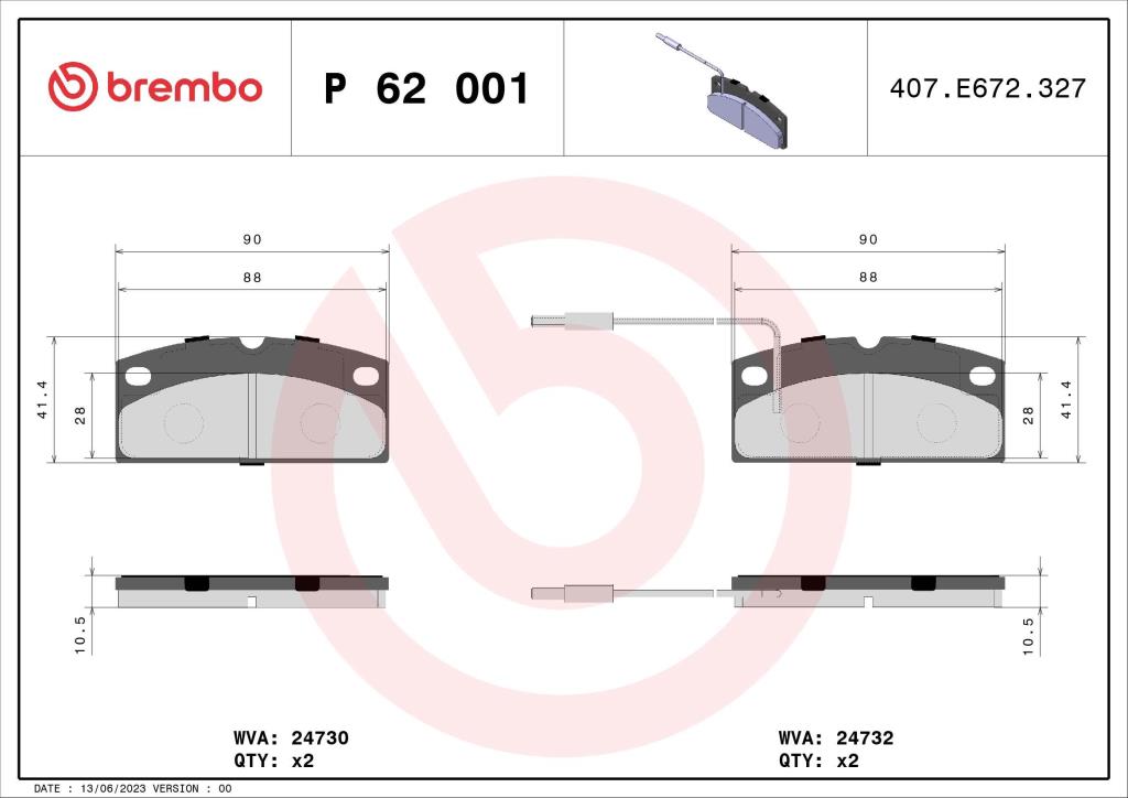 Jogo de 4 pastilhas de travão BREMBO ref. P 62 001