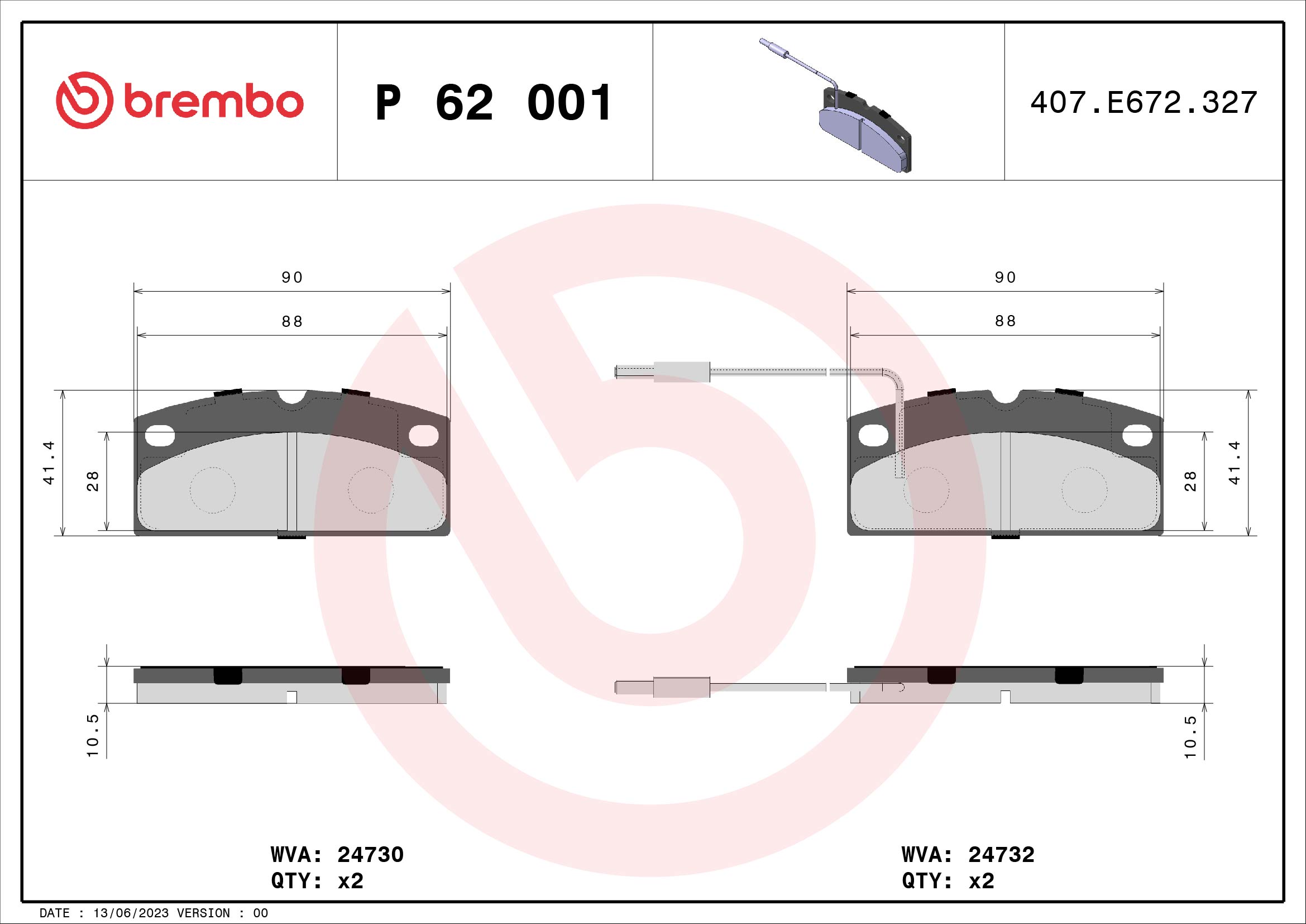 Jogo de 4 pastilhas de travão BREMBO ref. P 62 001