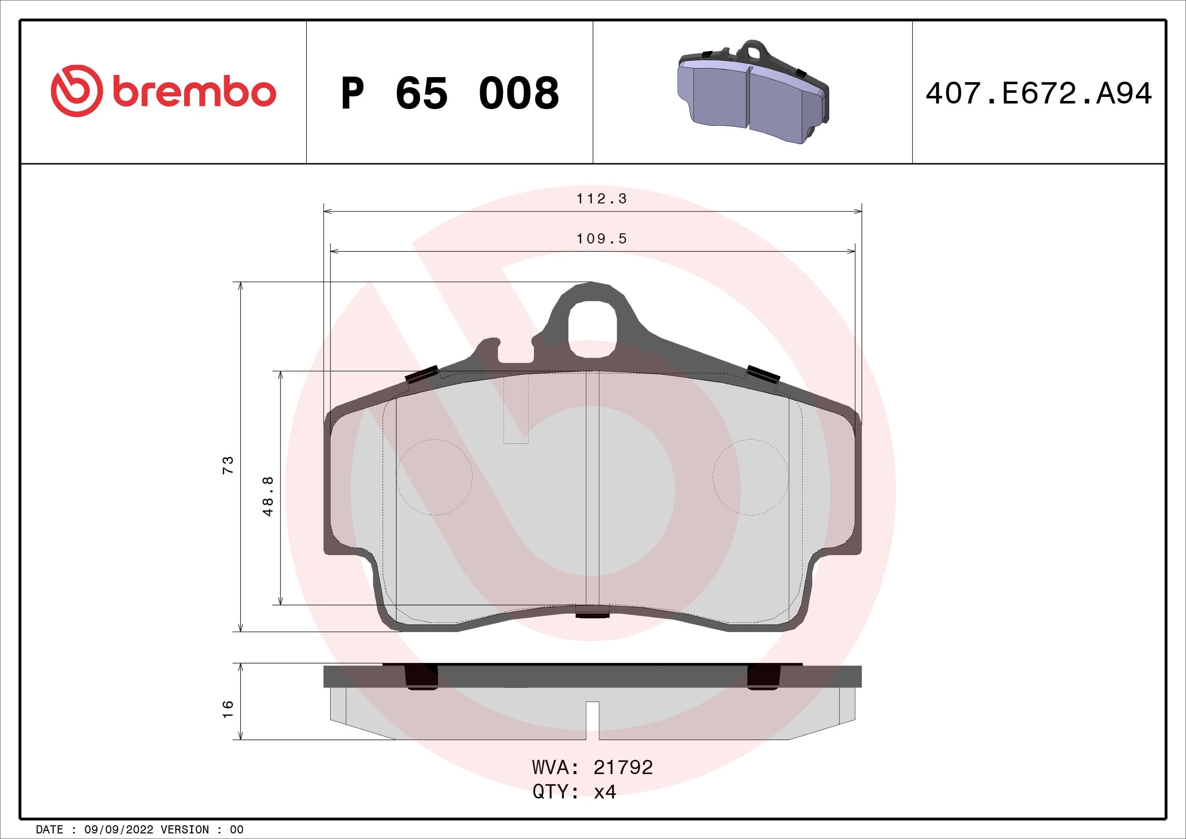 Jogo de 4 pastilhas de travão BREMBO ref. P 65 008