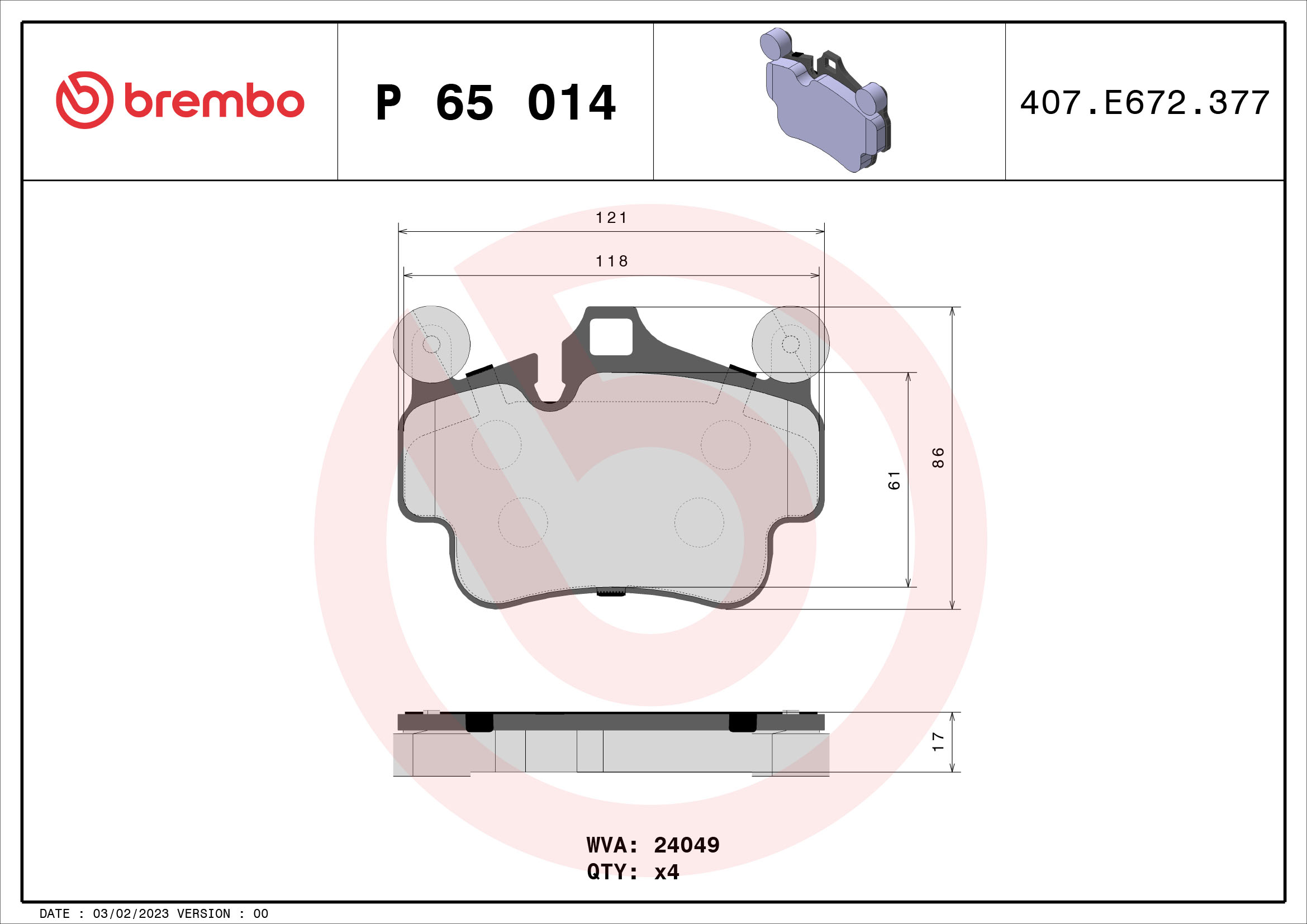 Jeu de 4 plaquettes de frein BREMBO ref. P 65 014