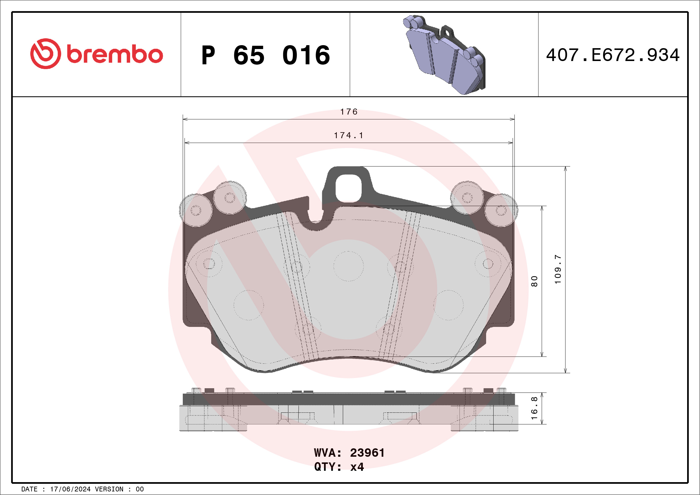 Jogo de 4 pastilhas de travão BREMBO ref. P 65 016