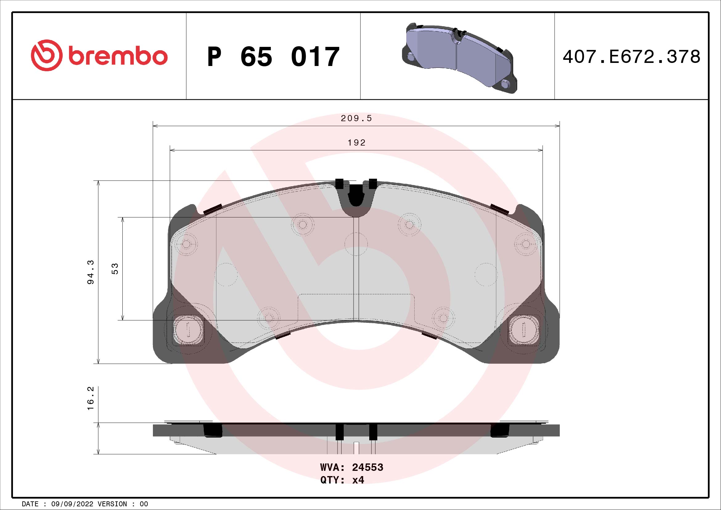Jogo de 4 pastilhas de travão BREMBO ref. P 65 017