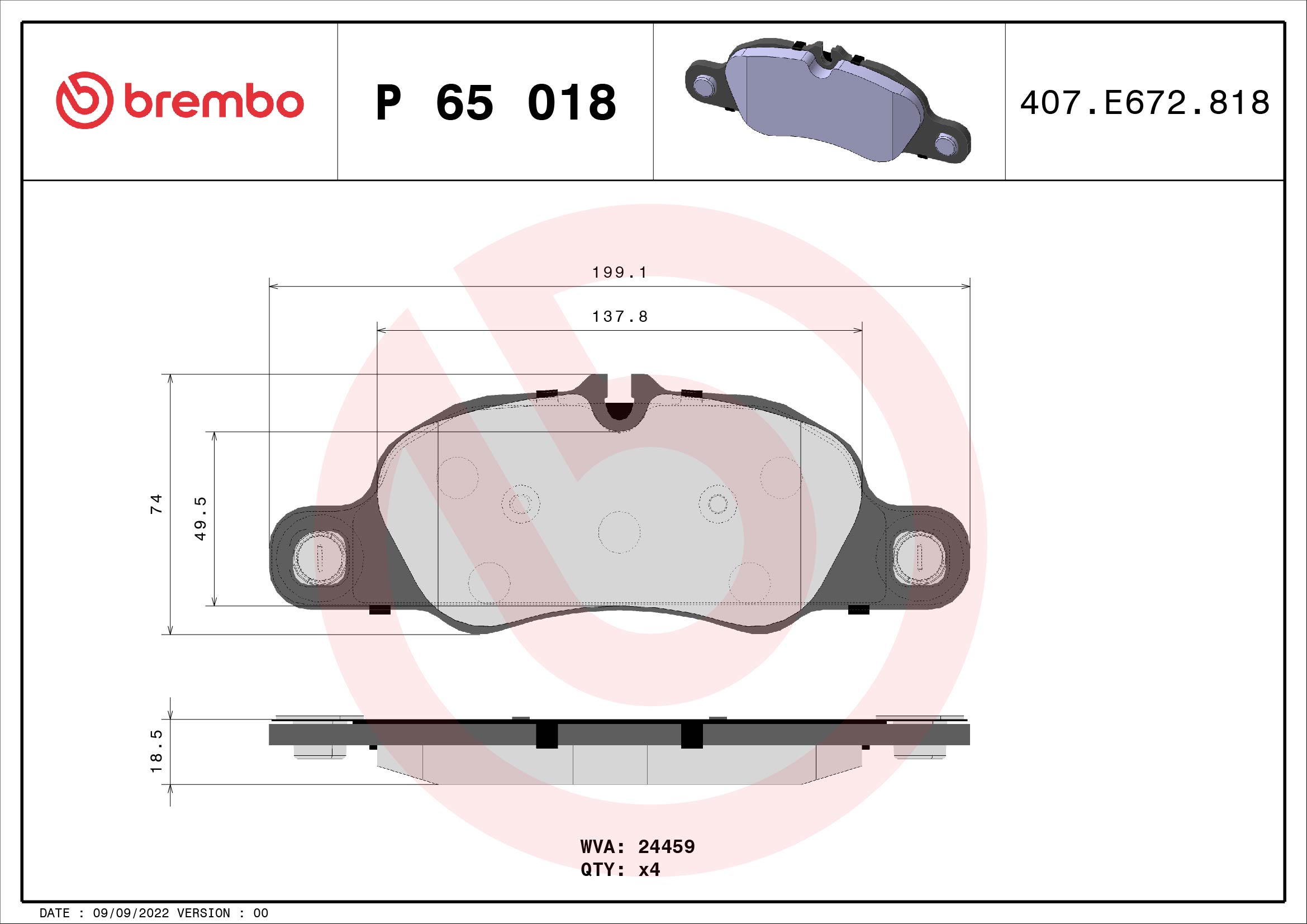 Jeu de 4 plaquettes de frein BREMBO ref. P 65 018