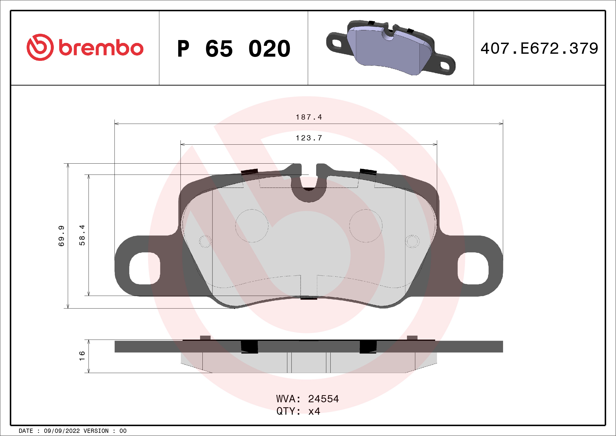 Jeu de 4 plaquettes de frein BREMBO ref. P 65 020