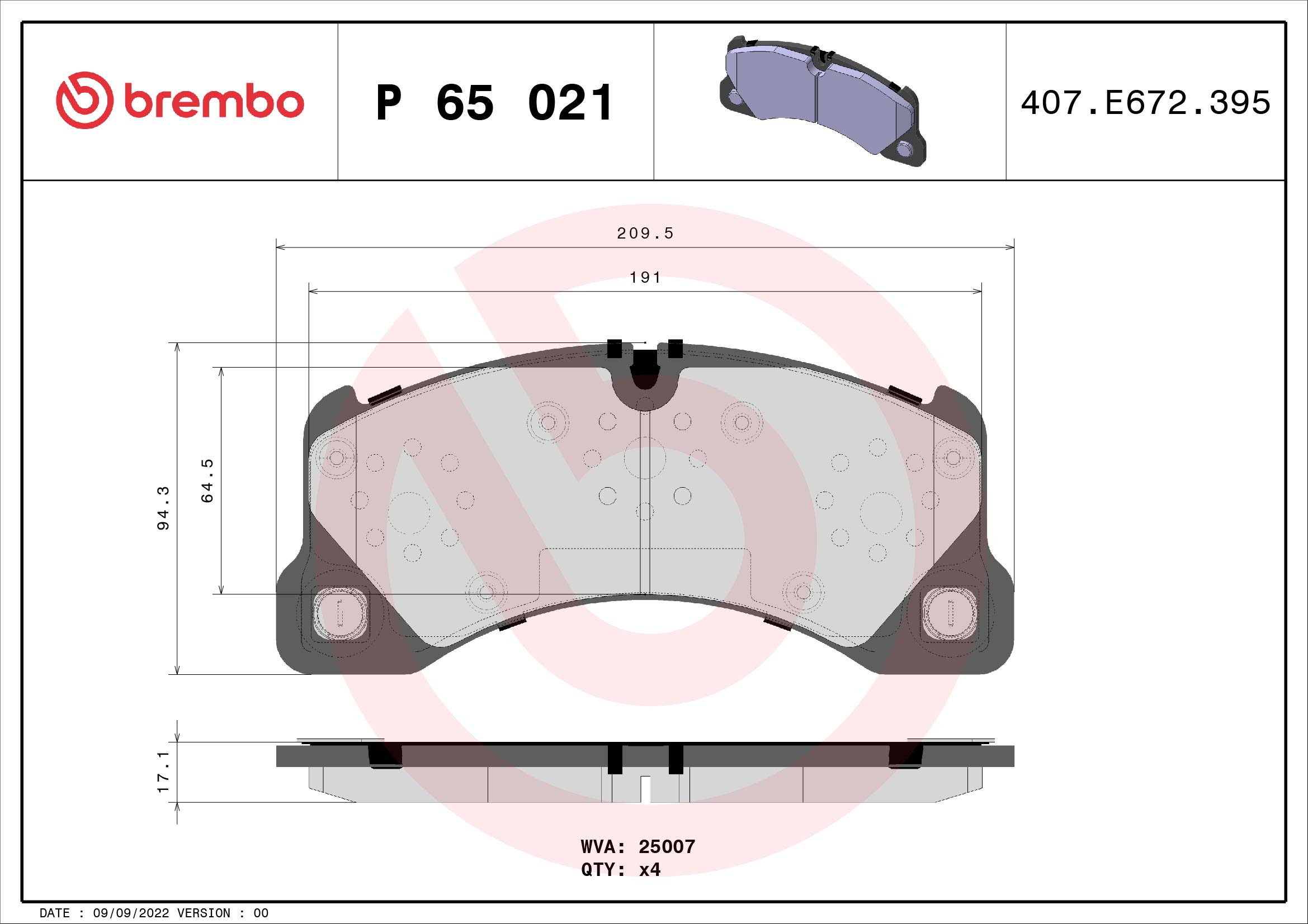 Jeu de 4 plaquettes de frein BREMBO ref. P 65 021
