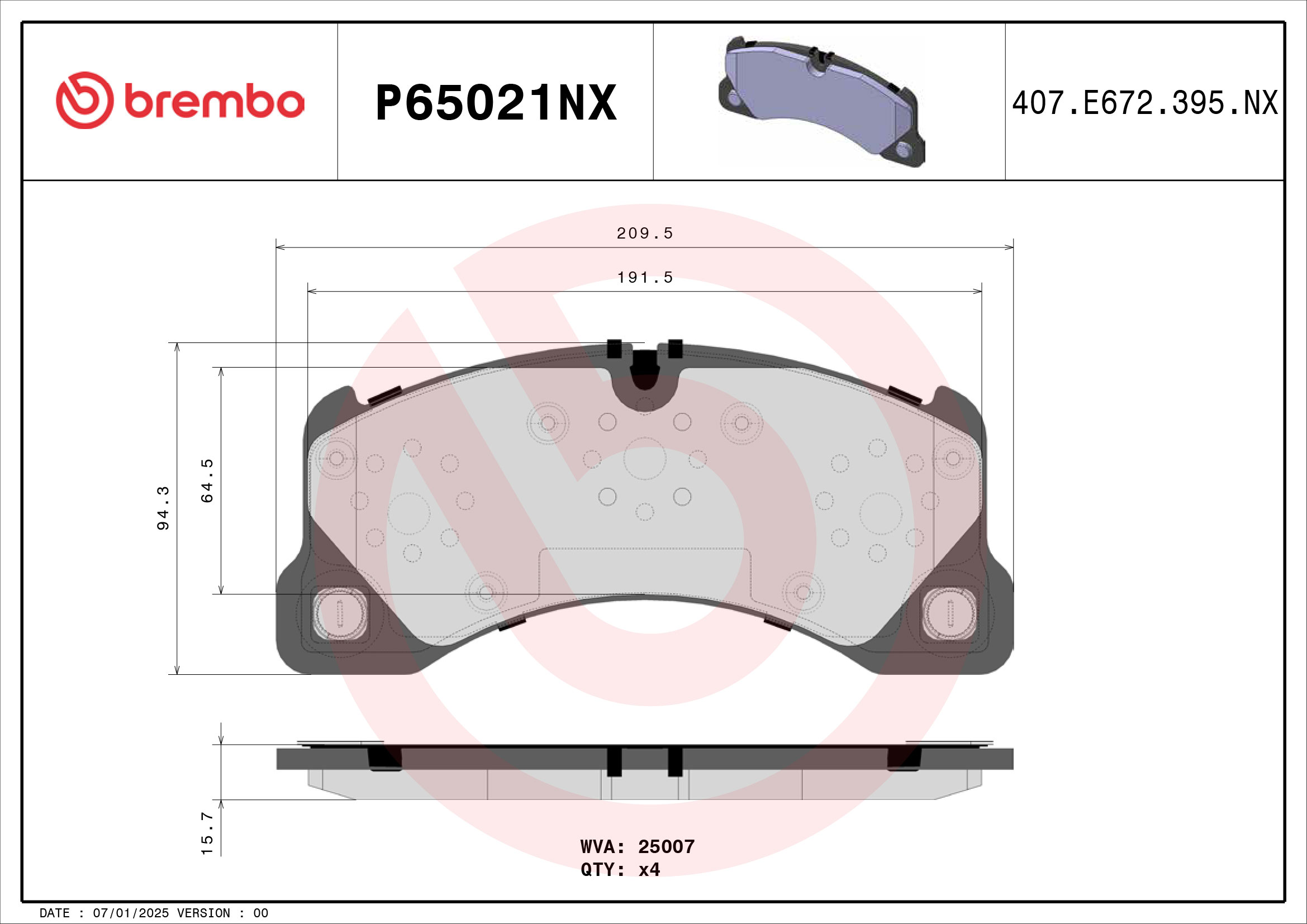 Jogo de 4 pastilhas de travão BREMBO ref. P65021NX
