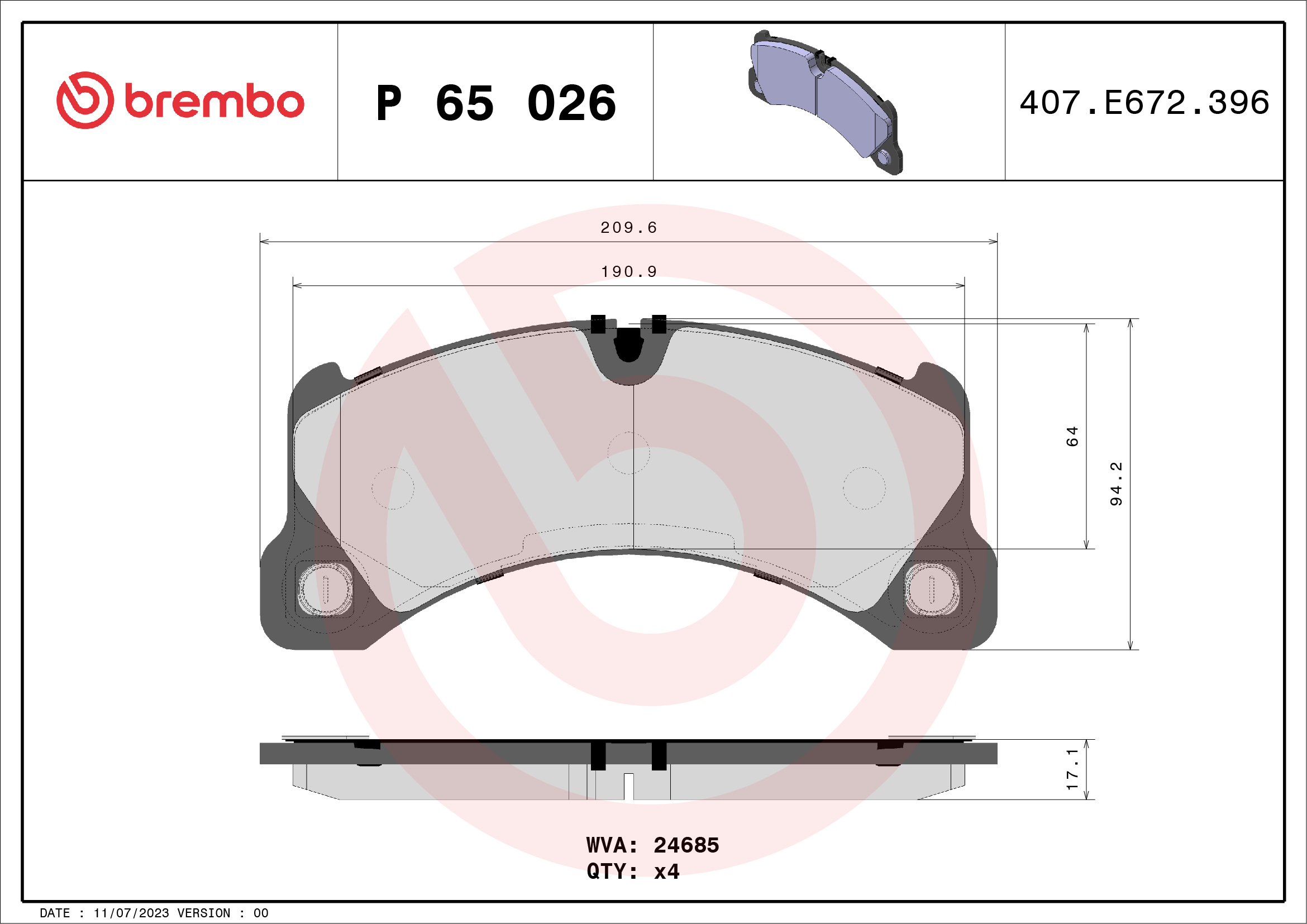 Jeu de 4 plaquettes de frein BREMBO ref. P 65 026