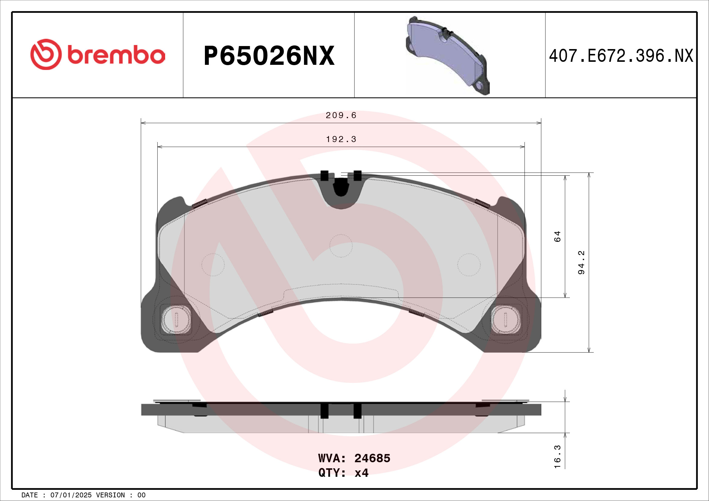 Jogo de 4 pastilhas de travão BREMBO ref. P65026NX