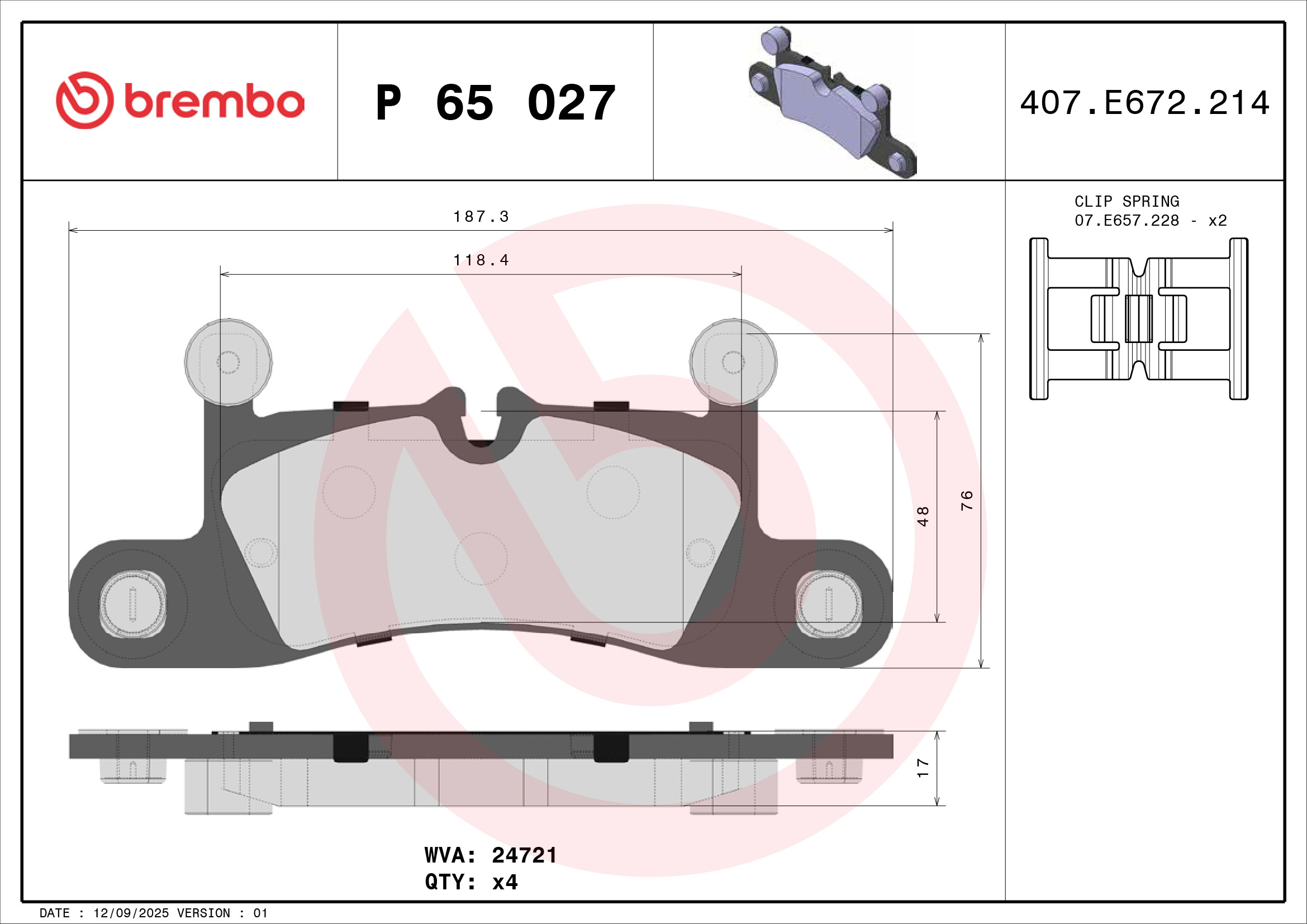 Jogo de 4 pastilhas de travão BREMBO ref. P 65 027