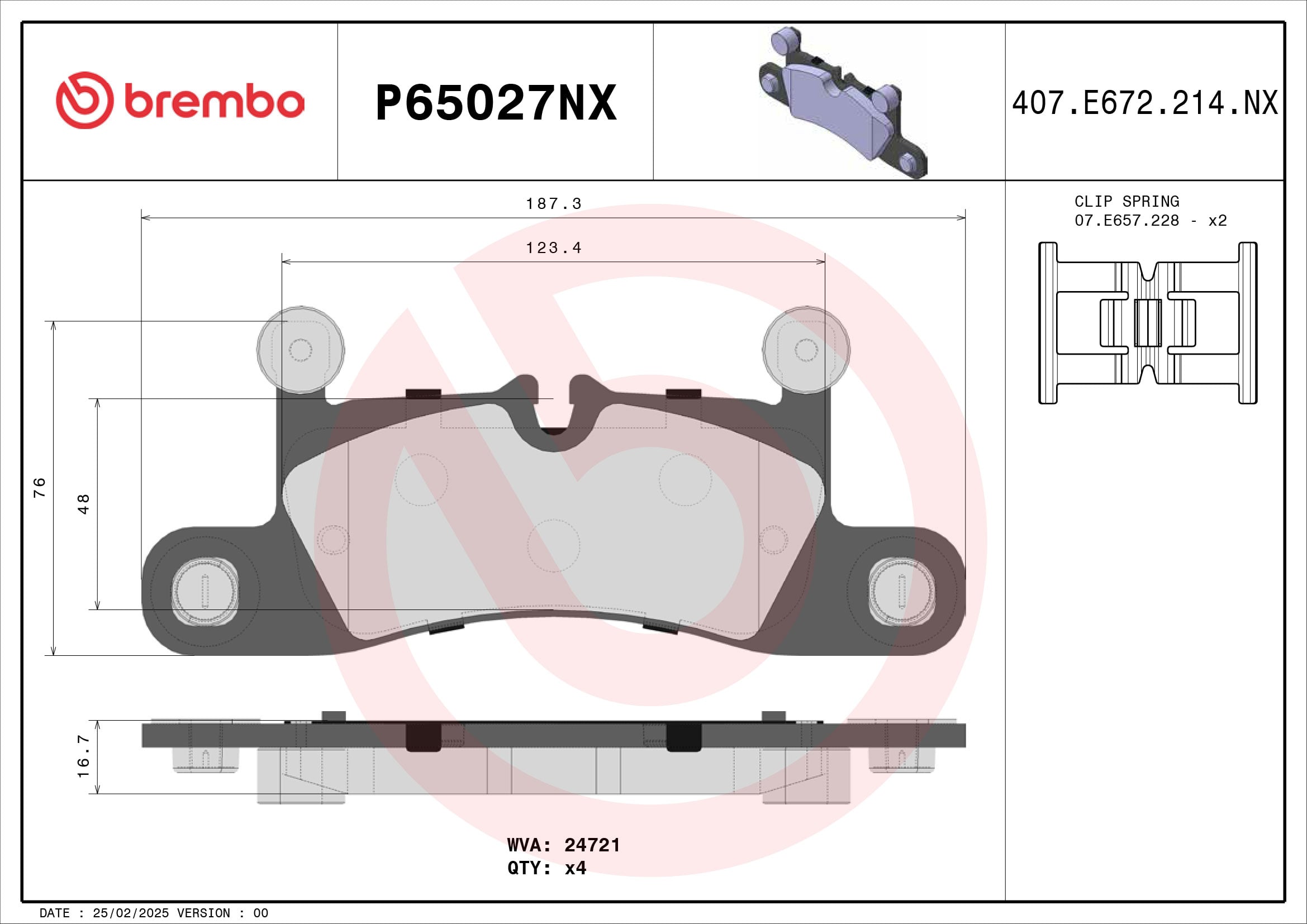 Jogo de 4 pastilhas de travão BREMBO ref. P65027NX