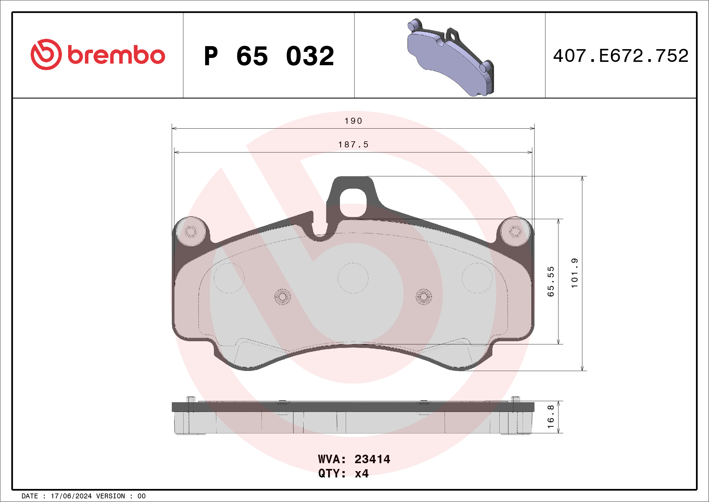 Jogo de 4 pastilhas de travão BREMBO P 65 032
