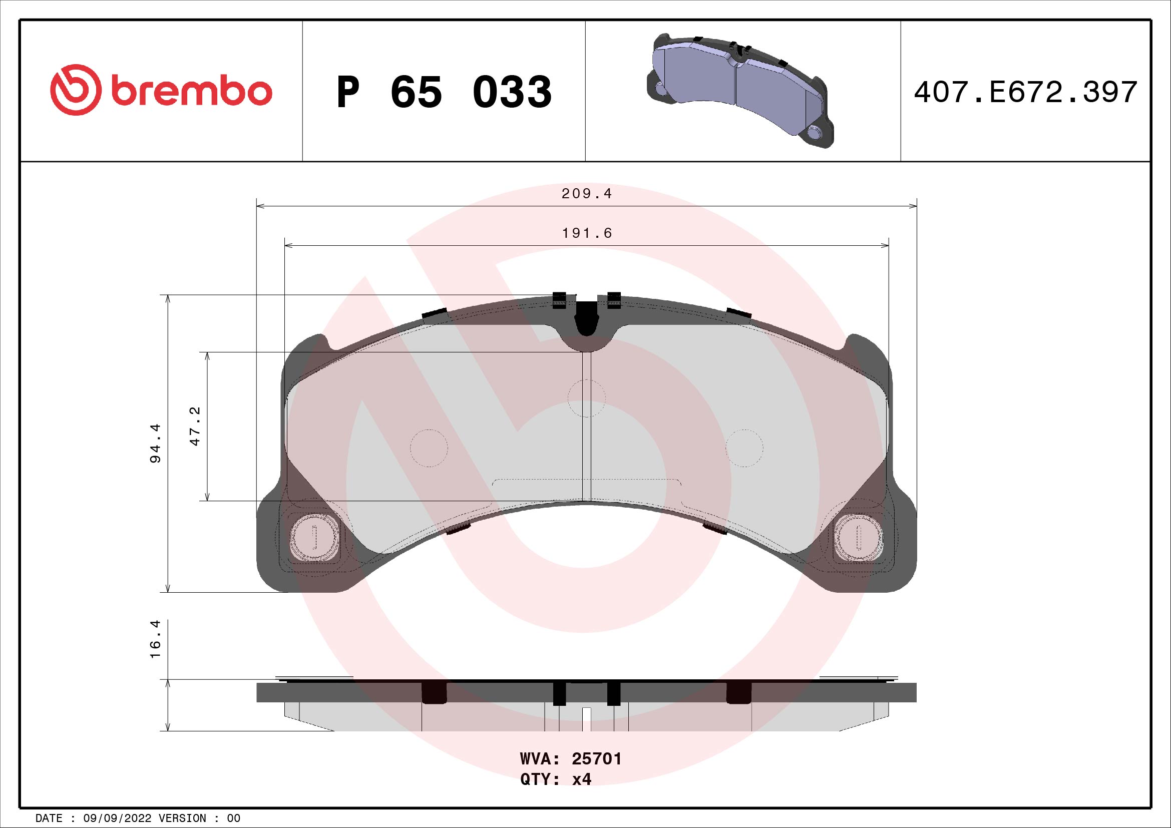 Jeu de 4 plaquettes de frein BREMBO ref. P 65 033