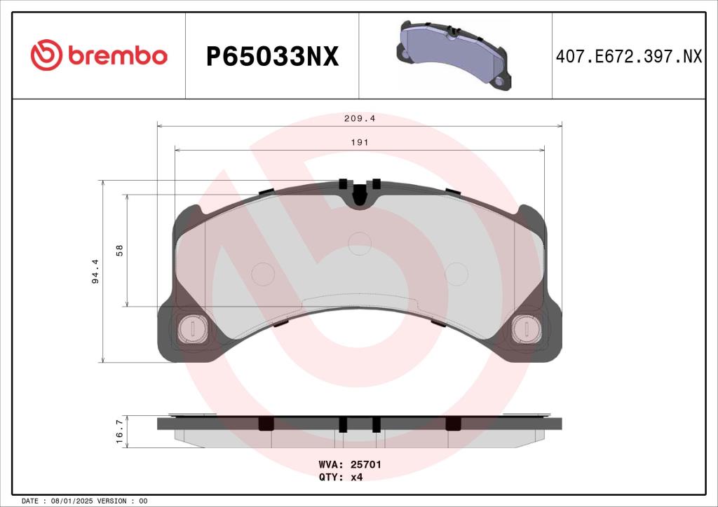 Jogo de 4 pastilhas de travão BREMBO ref. P65033NX