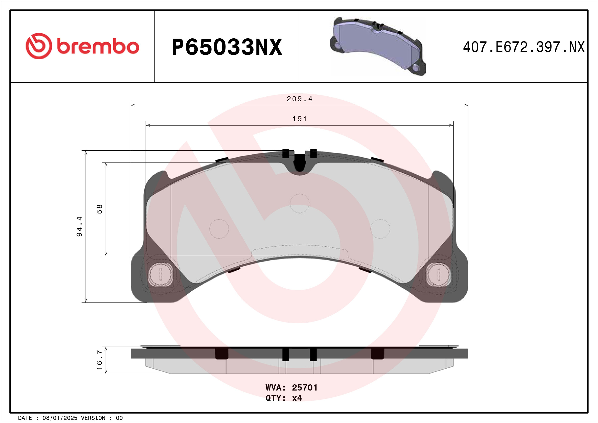 Jogo de 4 pastilhas de travão BREMBO ref. P65033NX