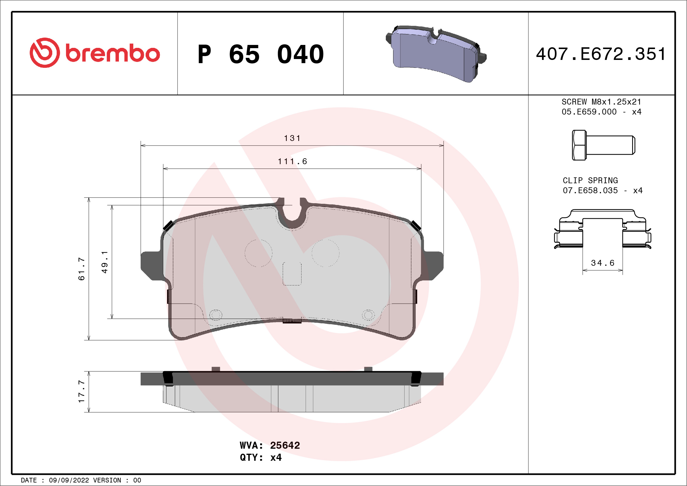 Jeu de 4 plaquettes de frein BREMBO ref. P 65 040