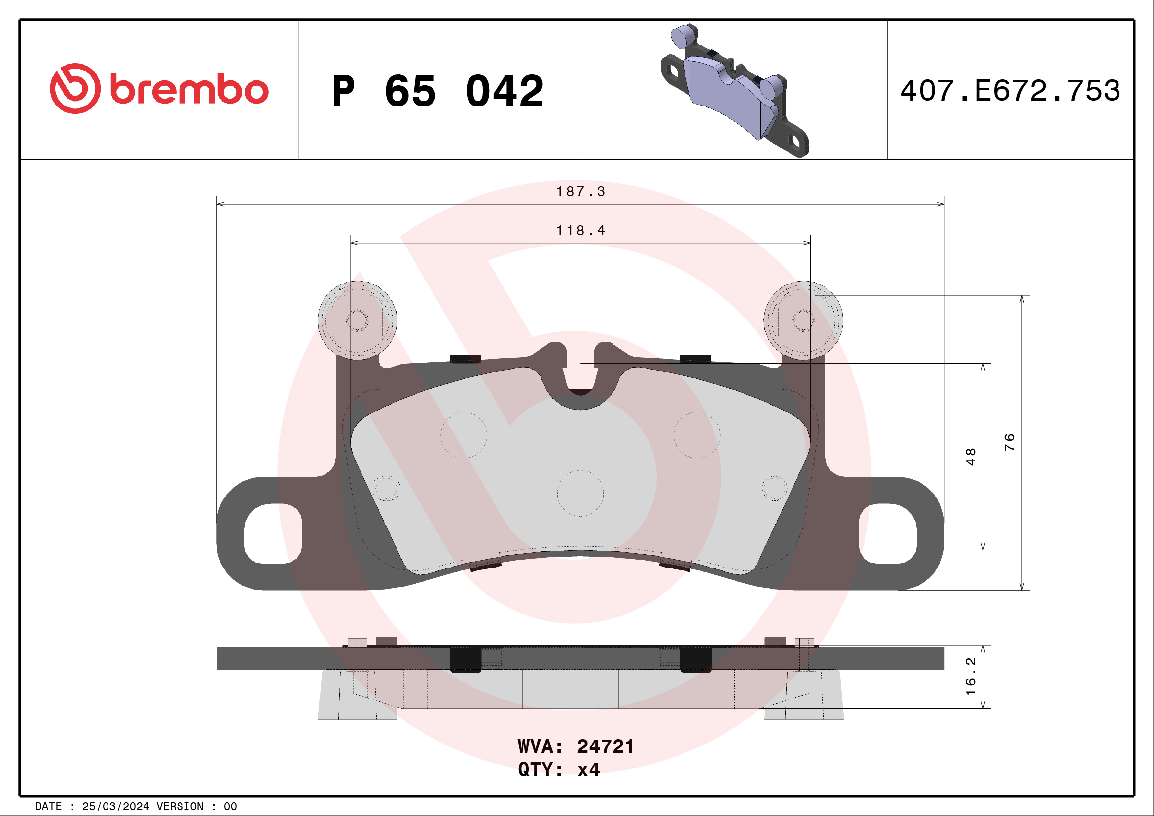 Jogo de 4 pastilhas de travão BREMBO ref. P 65 042