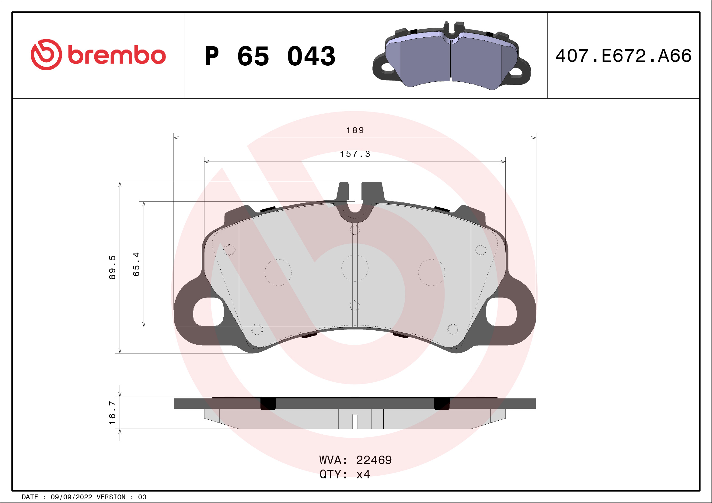 Jeu de 4 plaquettes de frein BREMBO ref. P 65 043