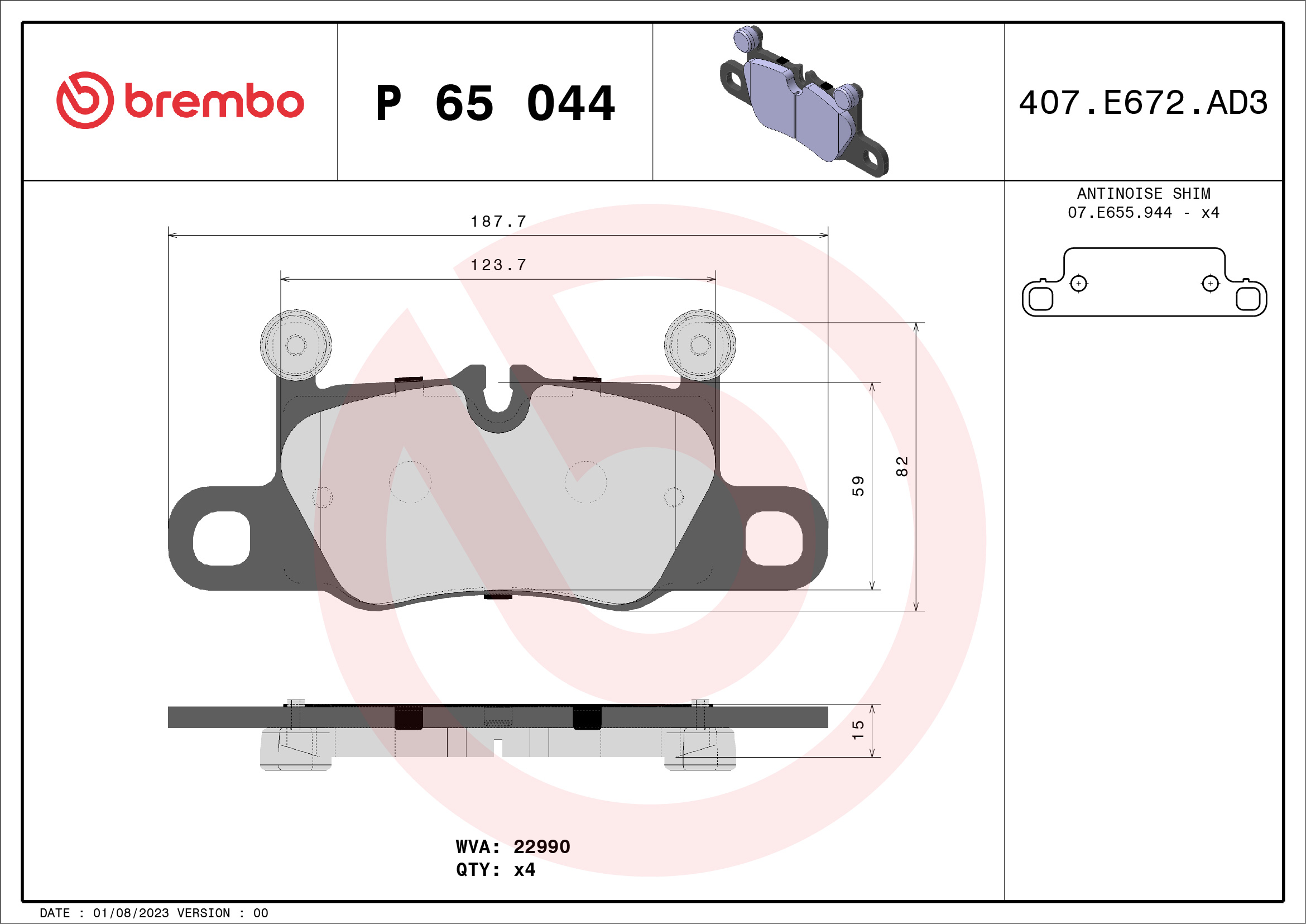 Jogo de 4 pastilhas de travão BREMBO ref. P 65 044