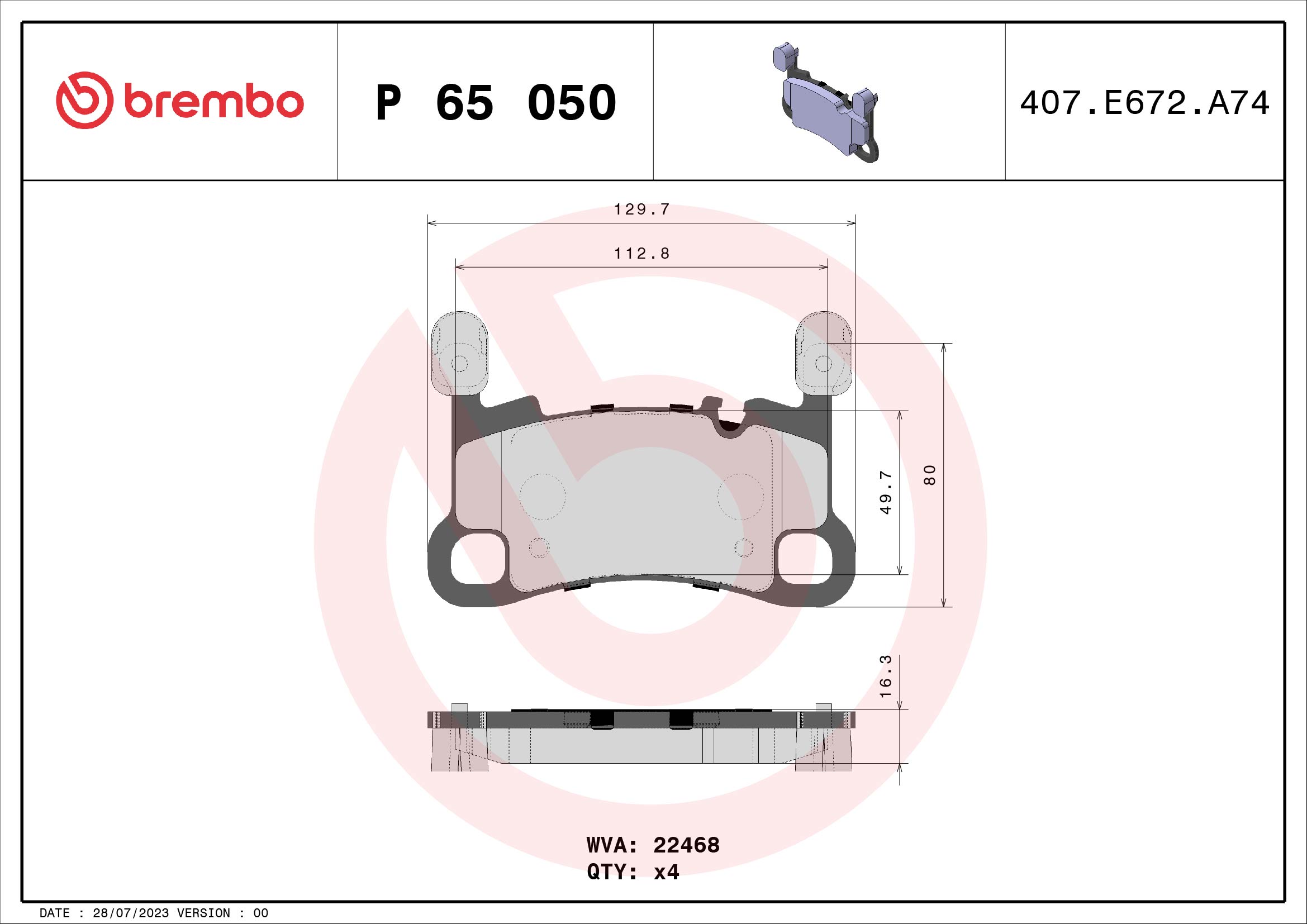 Jogo de 4 pastilhas de travão BREMBO ref. P 65 050