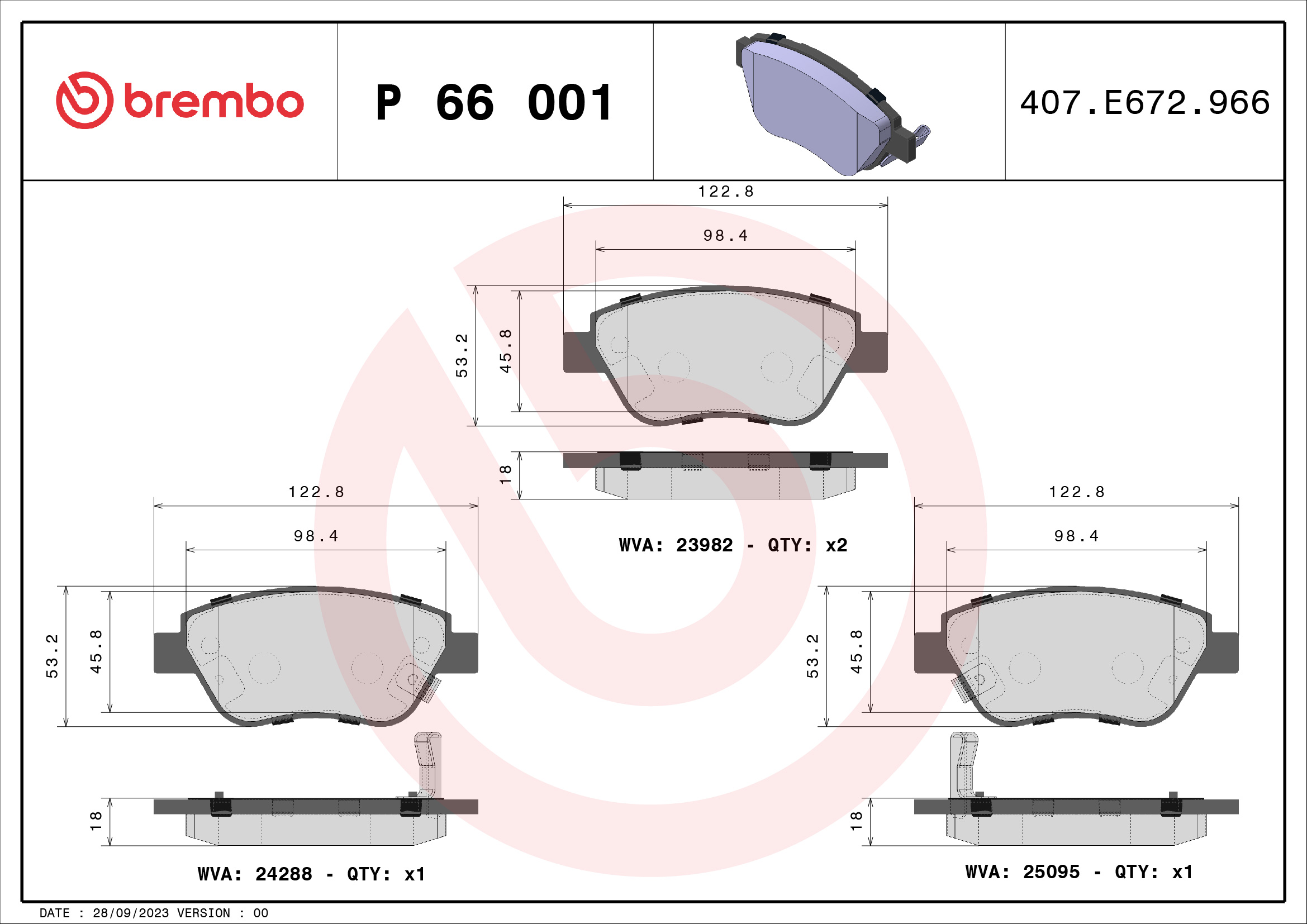 Jogo de 4 pastilhas de travão BREMBO ref. P 66 001