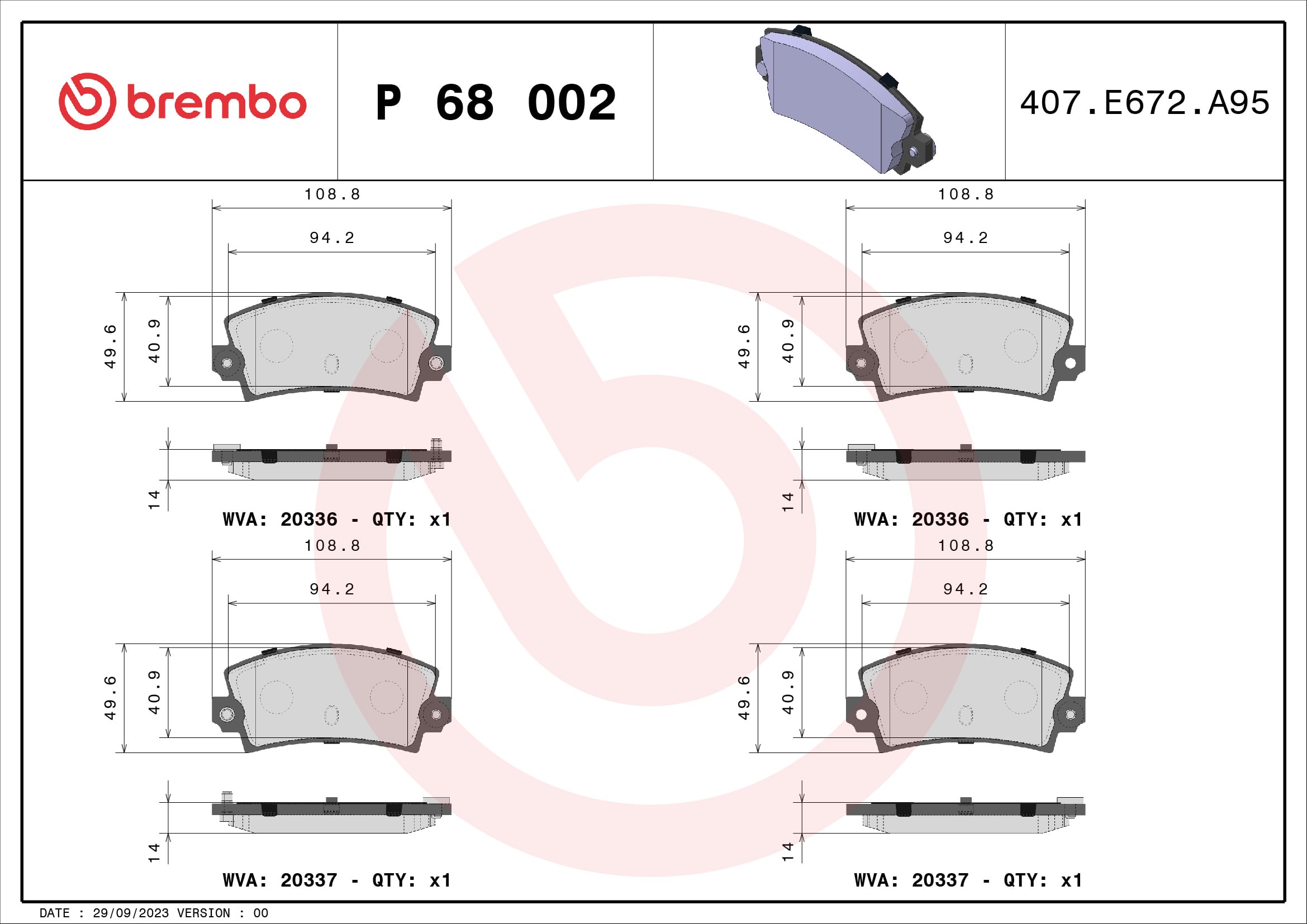 Jeu de 4 plaquettes de frein BREMBO ref. P 68 002