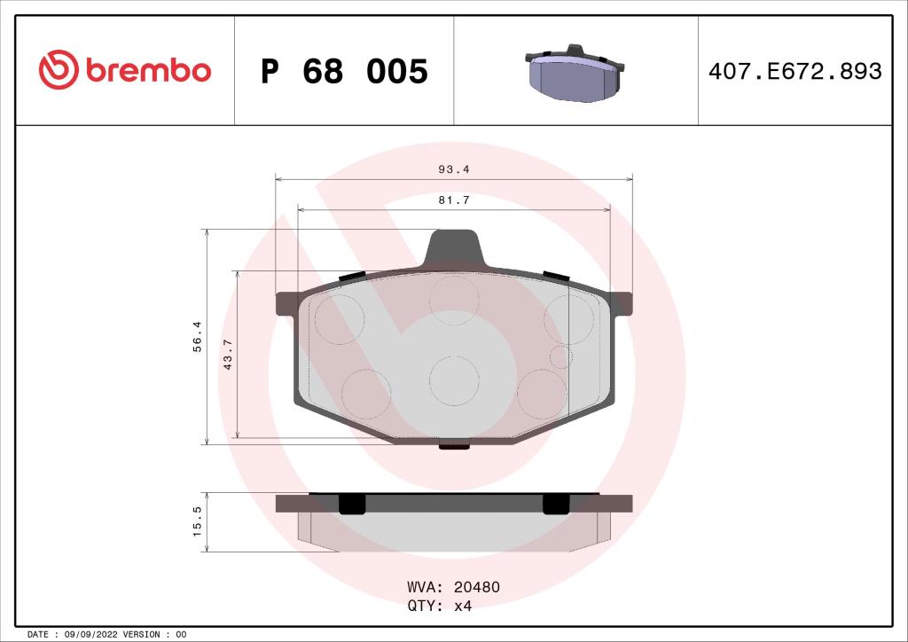 Jeu de 4 plaquettes de frein BREMBO ref. P 68 005